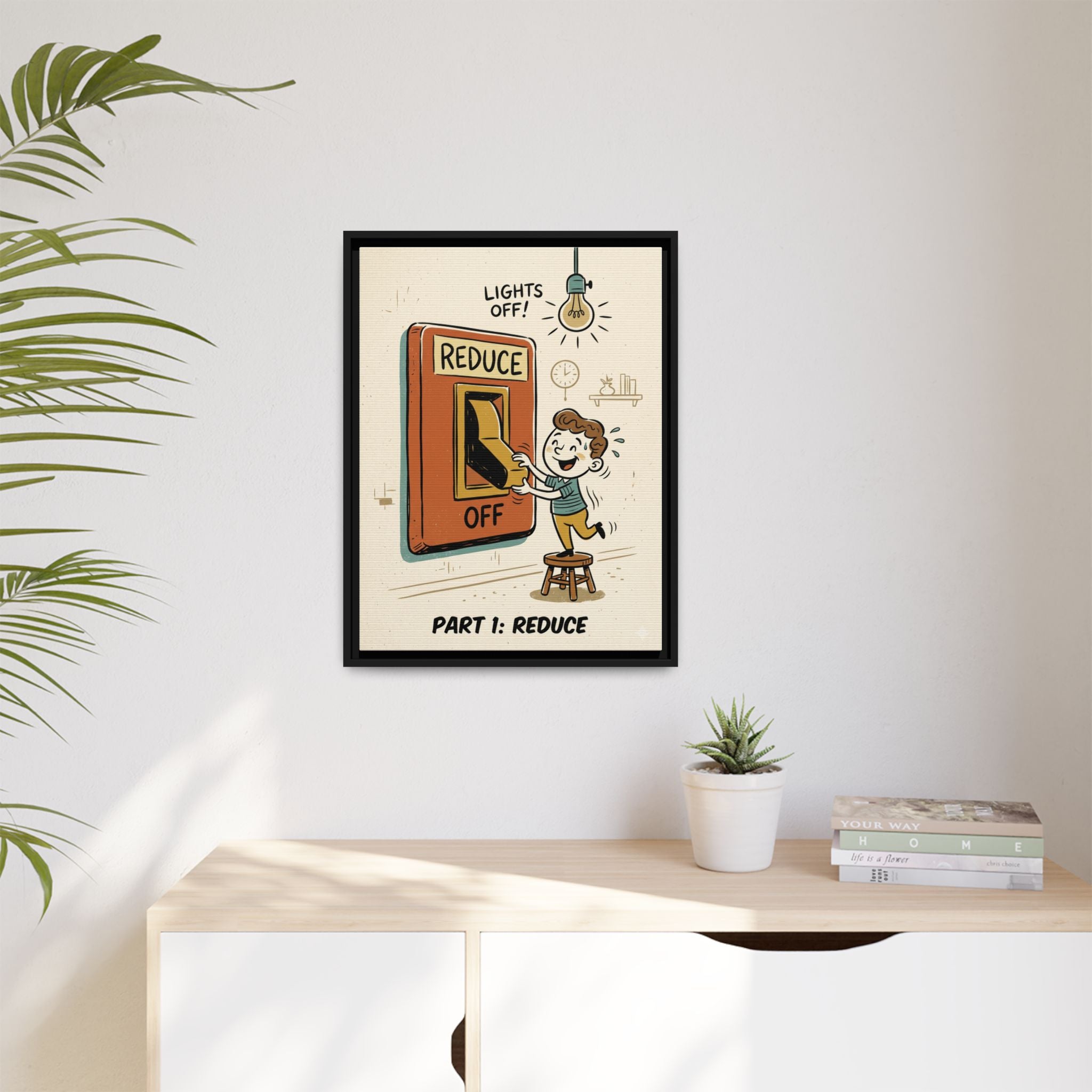 Retro Sustainability Art Print Trio: Reduce, Reuse, Recycle | Mid-Century Modern Eco Wall Decor Set of 3 (Framed) - Part 1 (Reduce)