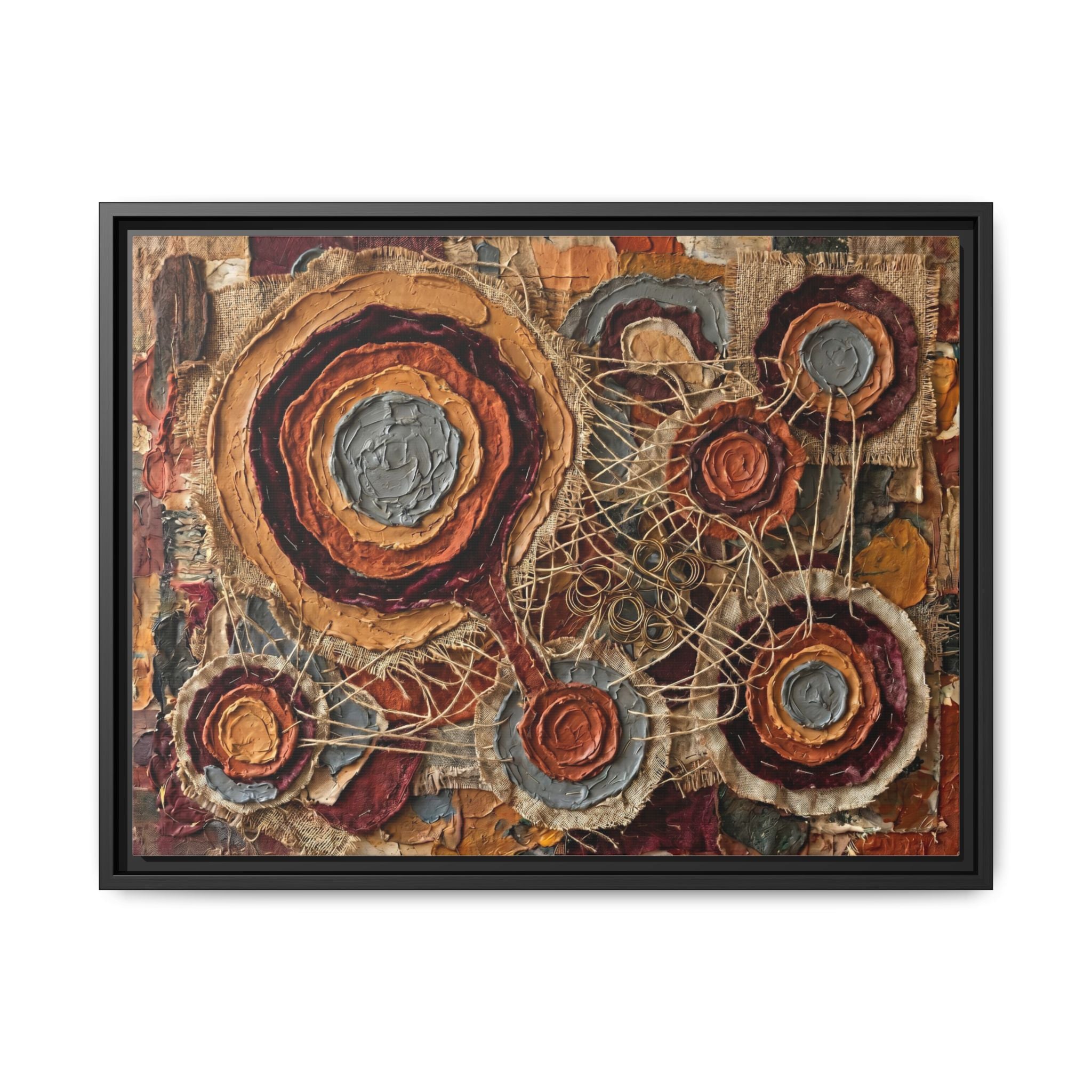 "Connected Orbs" Abstract Mixed-Media Art Print — Terracotta, Slate, and Brass Tones