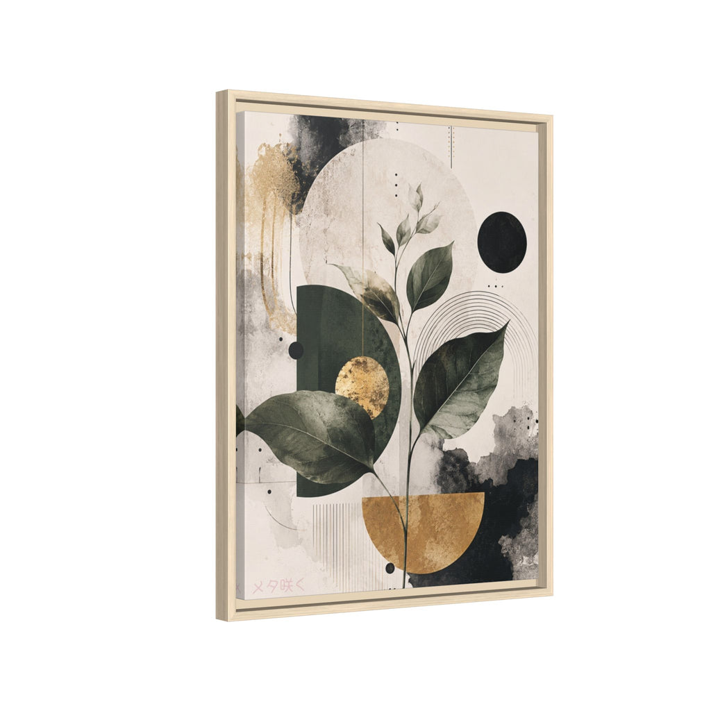 Botanical Abstract Framed Canvas Print — Green Leaves with Gold Accents