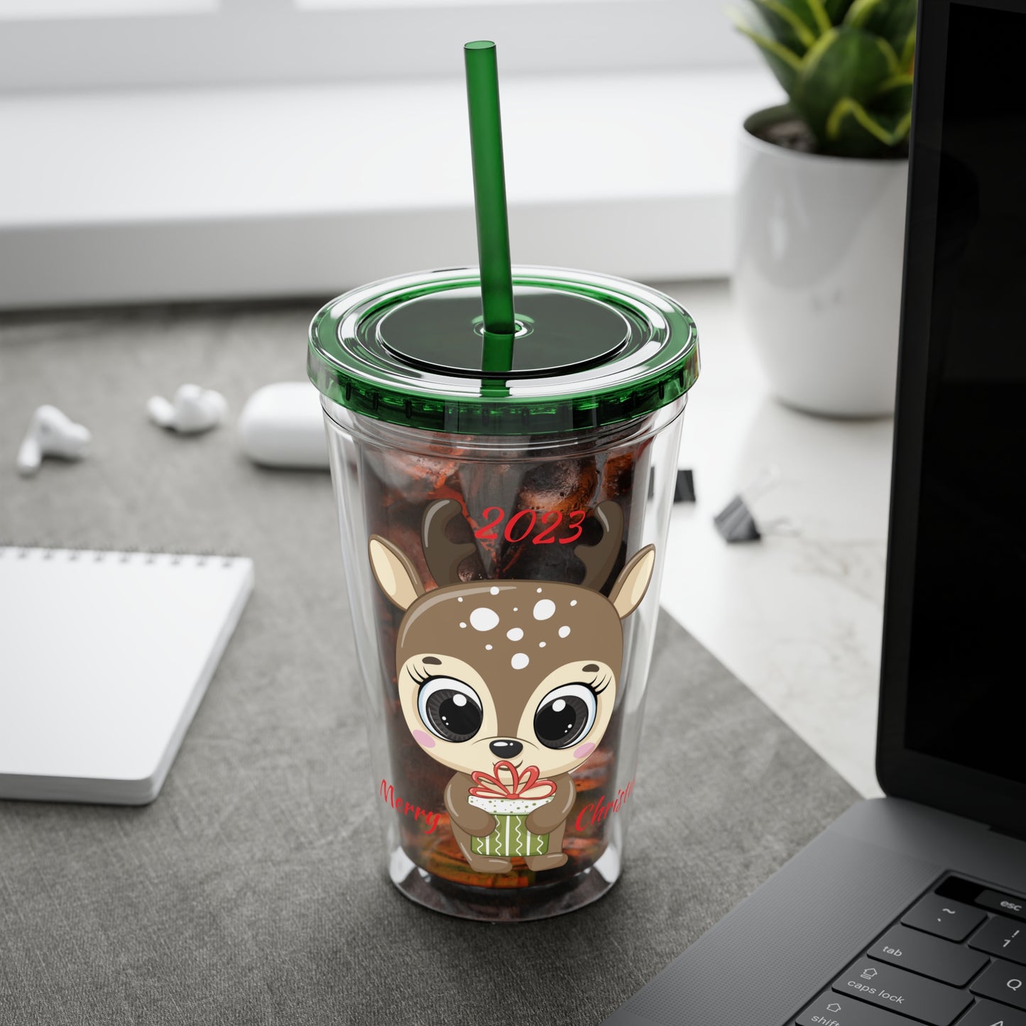 Christmas Tumbler with Straw, 16oz - Reindeer T