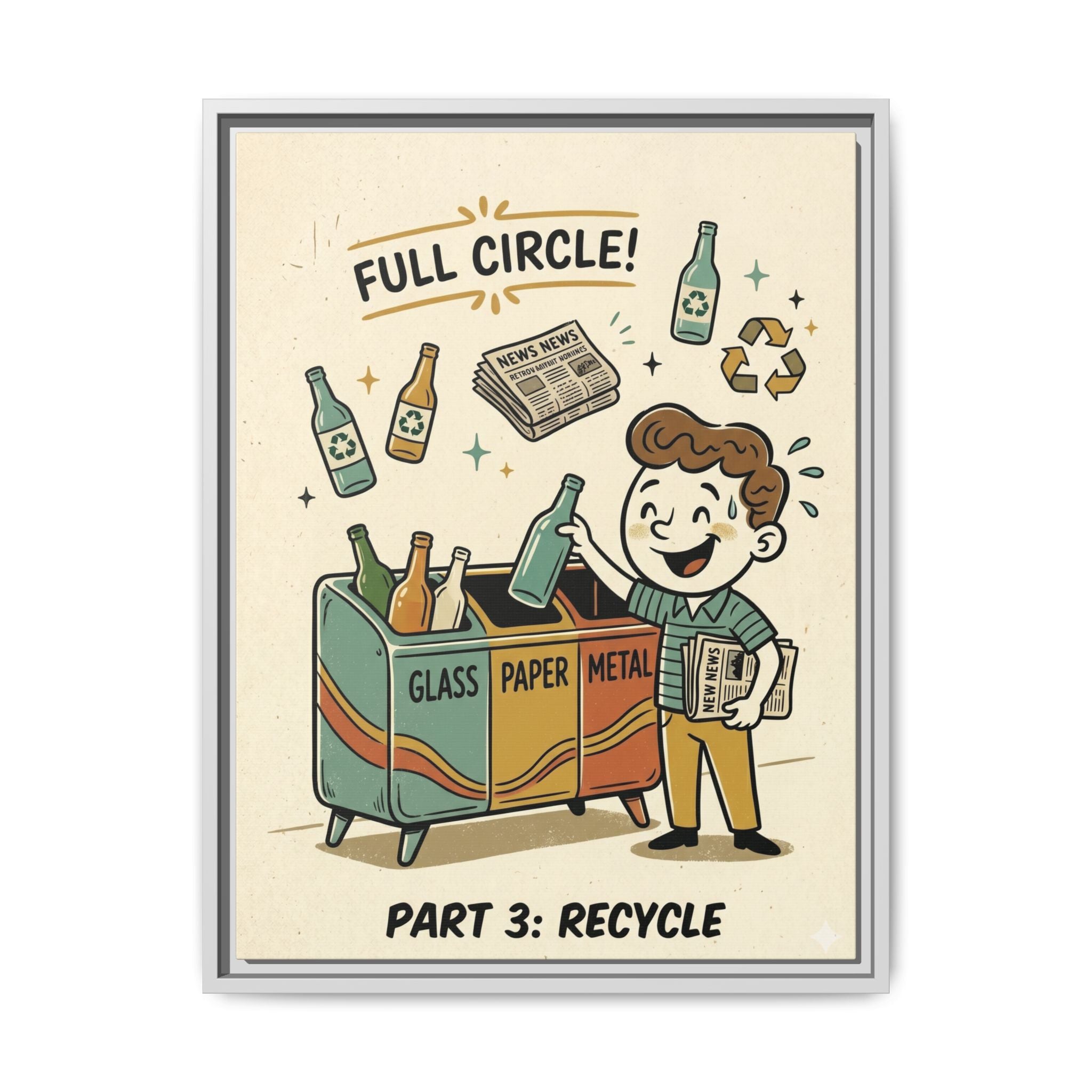 Retro Sustainability Art Print Trio: Reduce, Reuse, Recycle | Mid-Century Modern Eco Wall Decor Set of 3 (Framed) - Part 3 (Recycle)