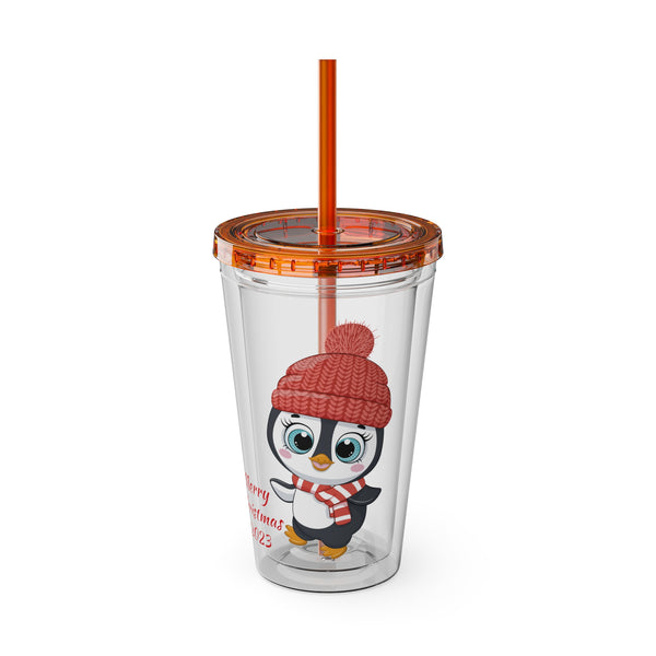 Christmas Tumbler with Straw, 16oz - Penguin A