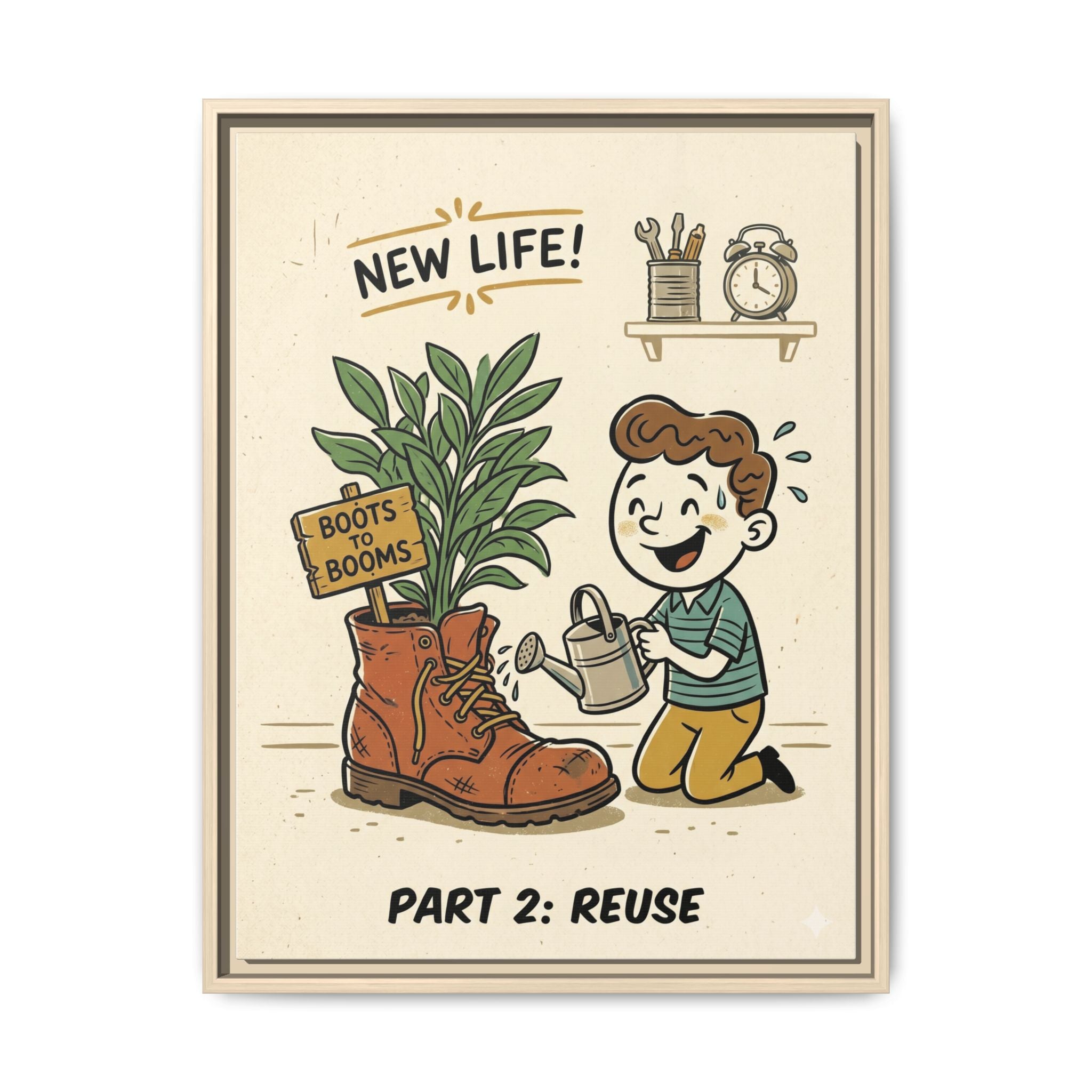 Retro Sustainability Art Print Trio: Reduce, Reuse, Recycle | Mid-Century Modern Eco Wall Decor Set of 3 (Framed) - Part 2 (Reuse)