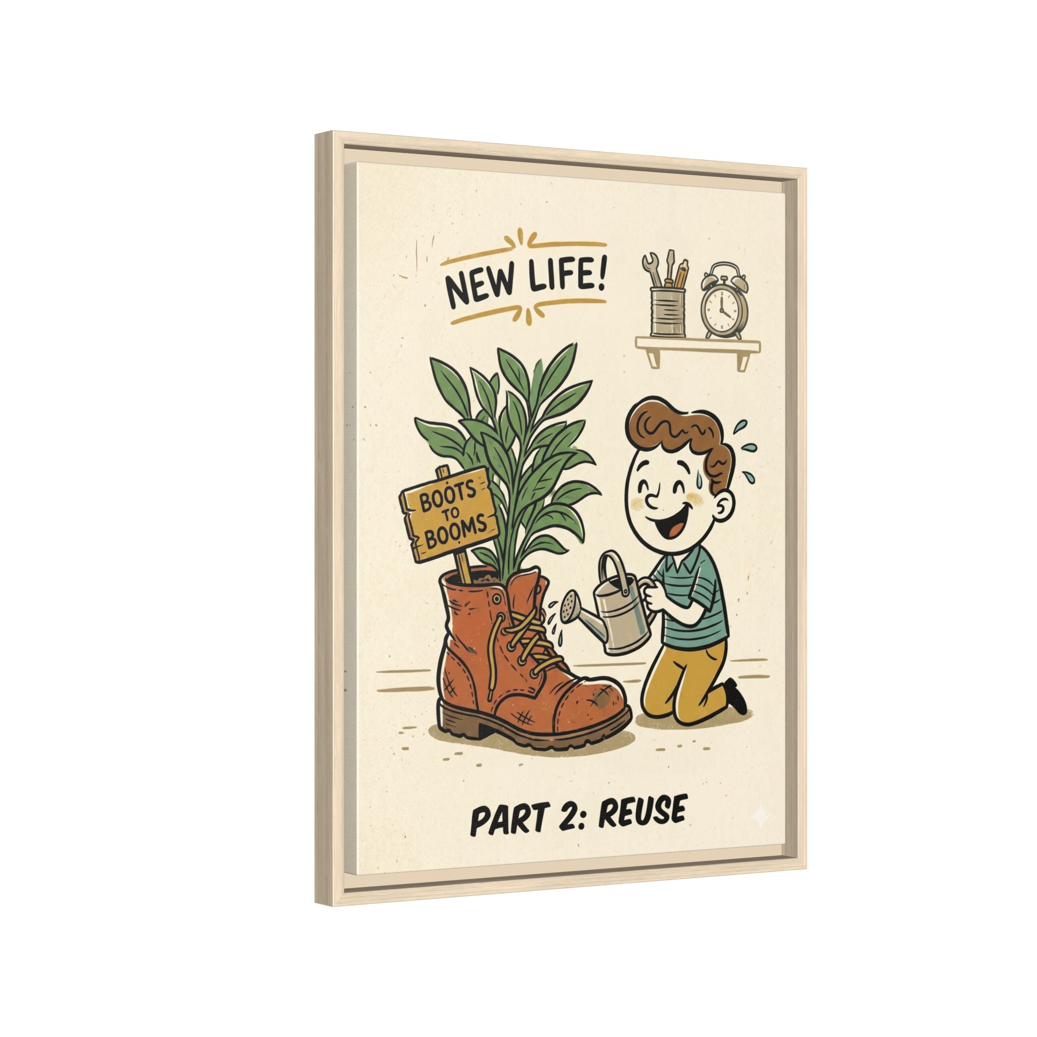 Retro Sustainability Art Print Trio: Reduce, Reuse, Recycle | Mid-Century Modern Eco Wall Decor Set of 3 (Framed) - Part 2 (Reuse)