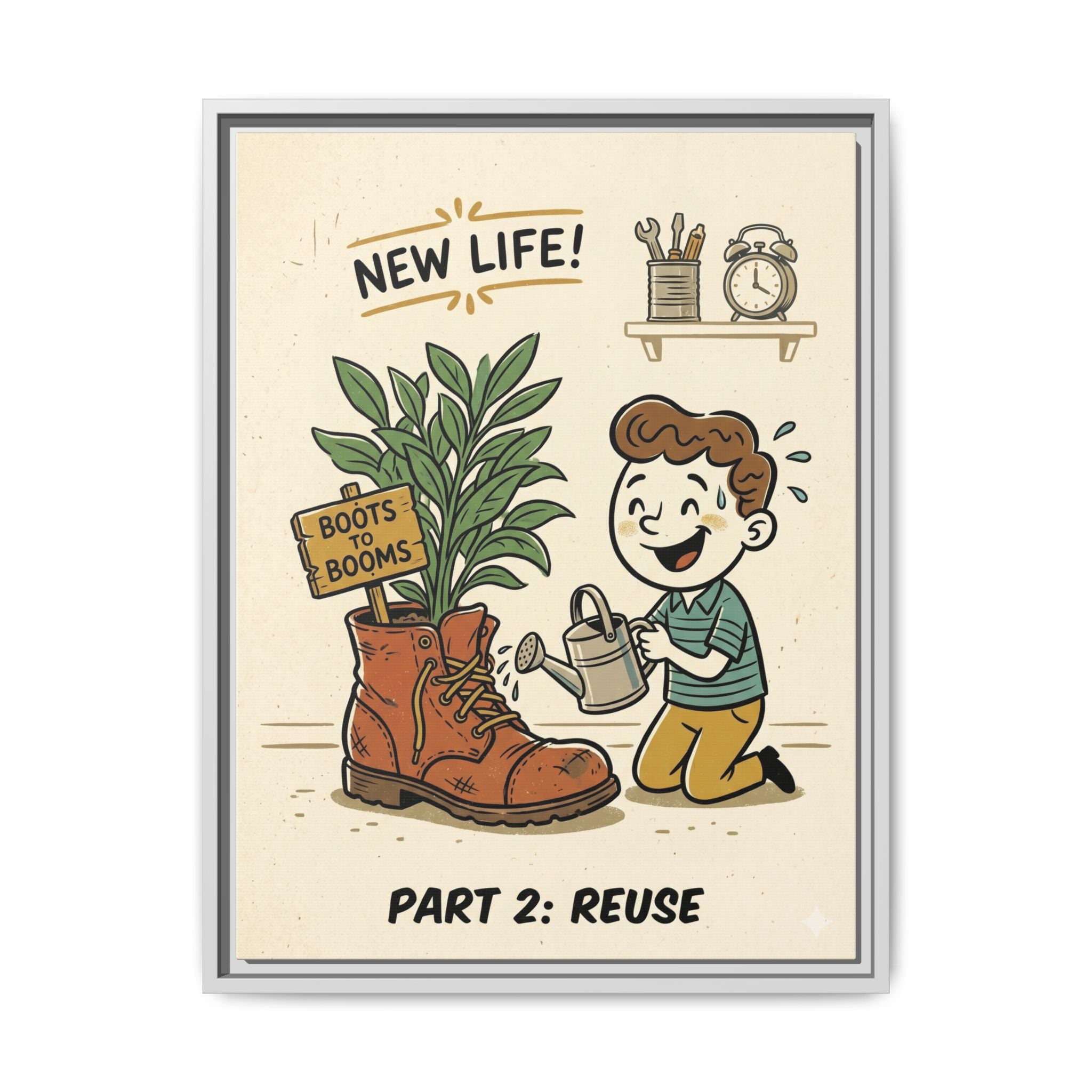 Retro Sustainability Art Print Trio: Reduce, Reuse, Recycle | Mid-Century Modern Eco Wall Decor Set of 3 (Framed) - Part 2 (Reuse)
