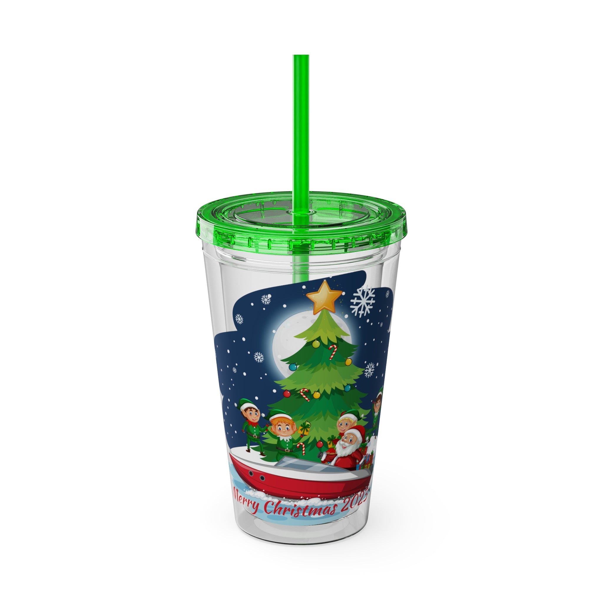 Christmas Tumbler with Straw, 16oz -  Snowy Night (Santa with Elves)