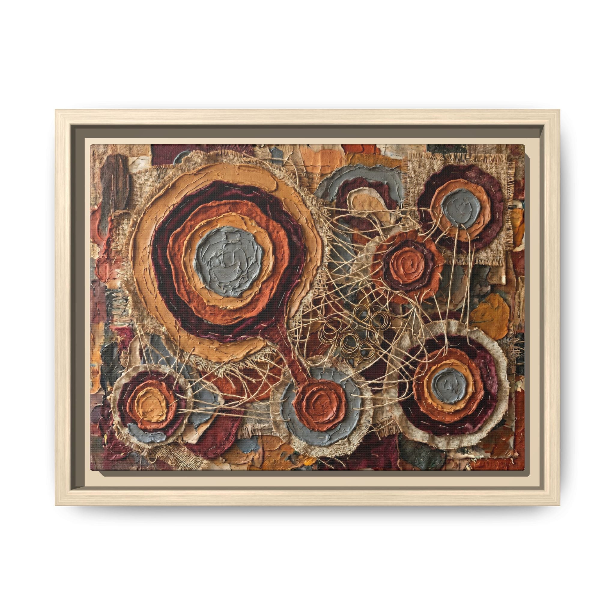 "Connected Orbs" Abstract Mixed-Media Art Print — Terracotta, Slate, and Brass Tones