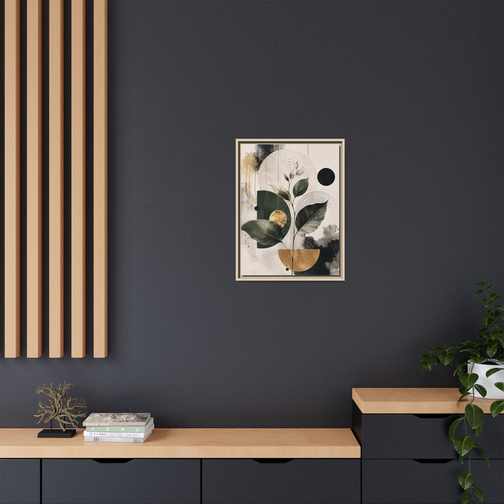 Botanical Abstract Framed Canvas Print — Green Leaves with Gold Accents