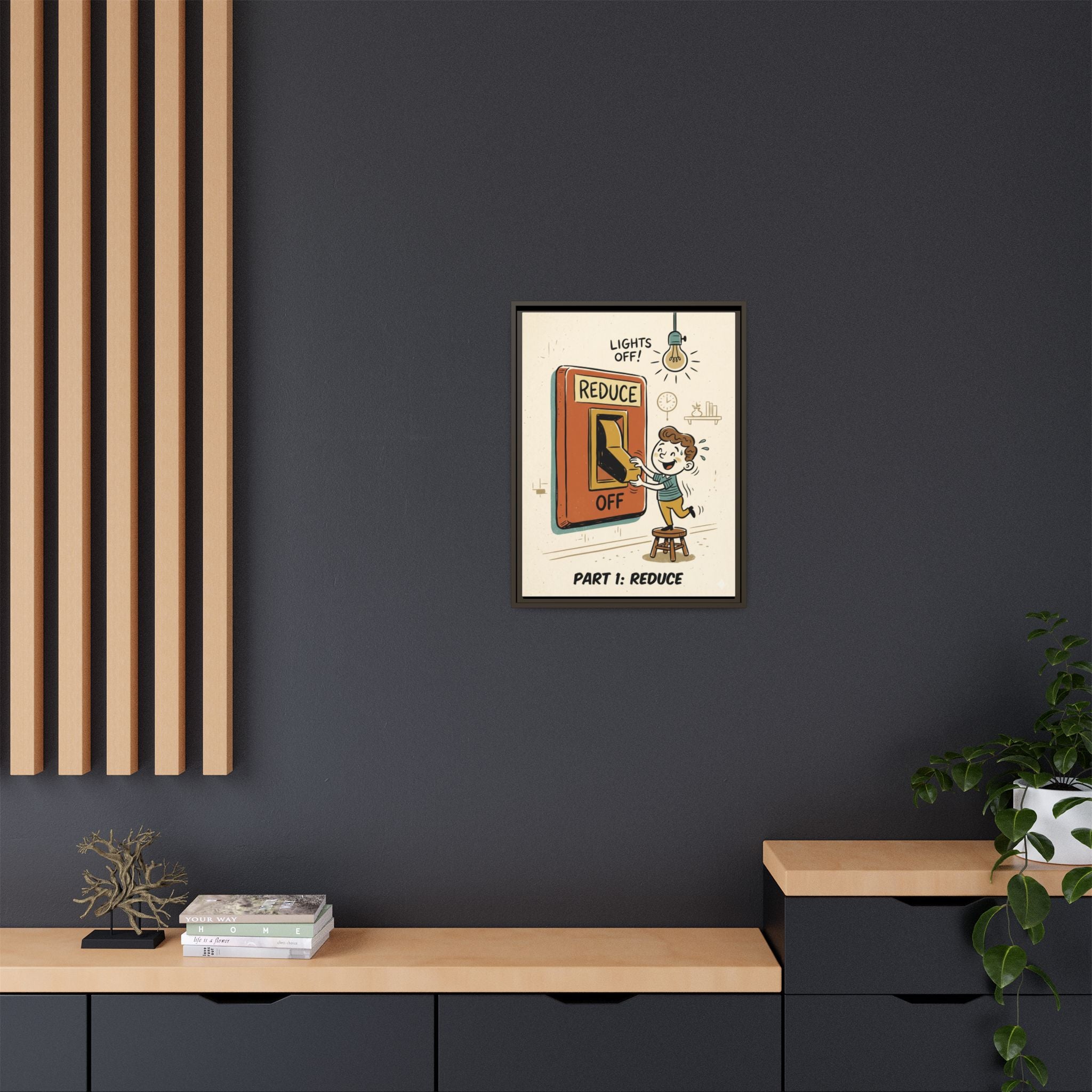 Retro Sustainability Art Print Trio: Reduce, Reuse, Recycle | Mid-Century Modern Eco Wall Decor Set of 3 (Framed) - Part 1 (Reduce)