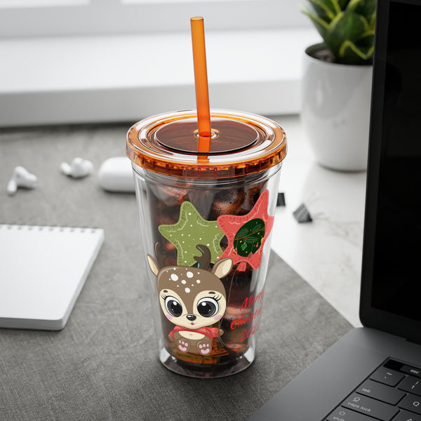 Christmas Tumbler with Straw, 16oz - Reindeer C
