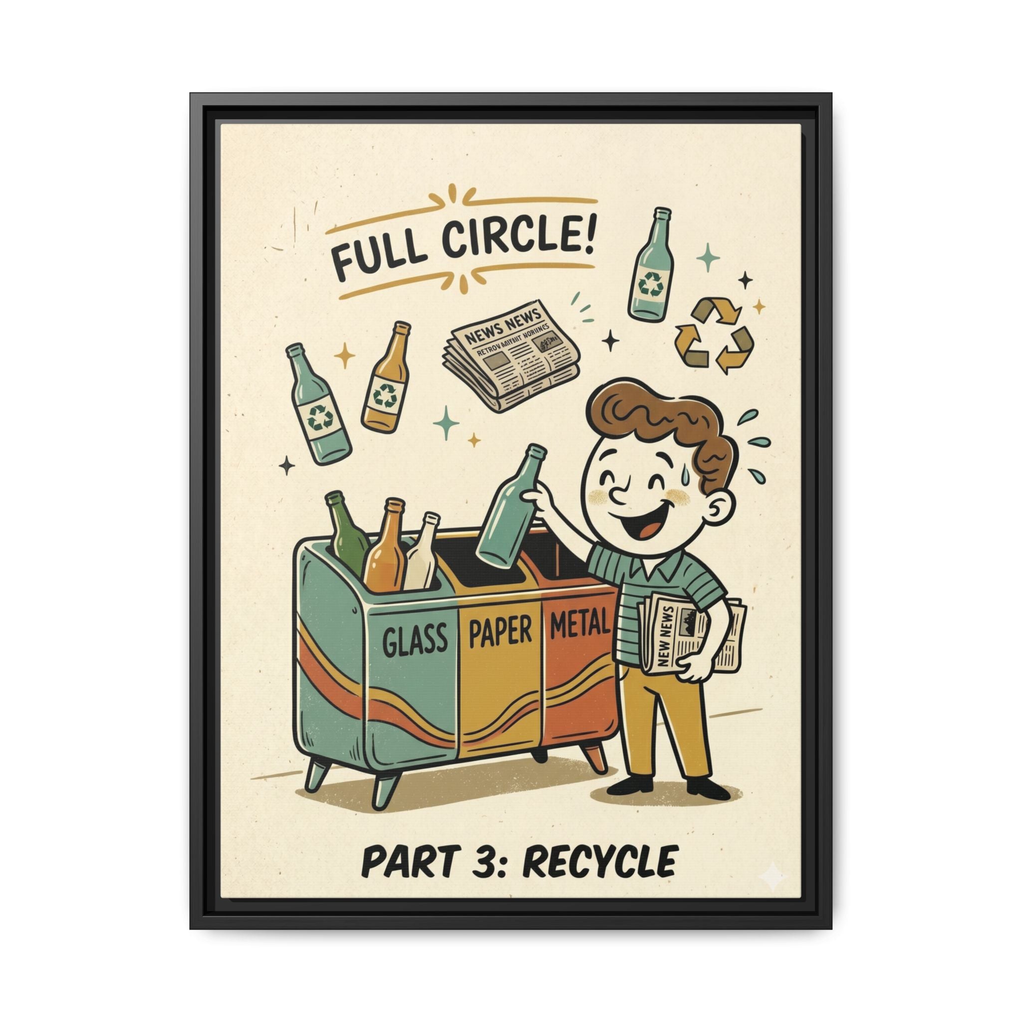 Retro Sustainability Art Print Trio: Reduce, Reuse, Recycle | Mid-Century Modern Eco Wall Decor Set of 3 (Framed) - Part 3 (Recycle)