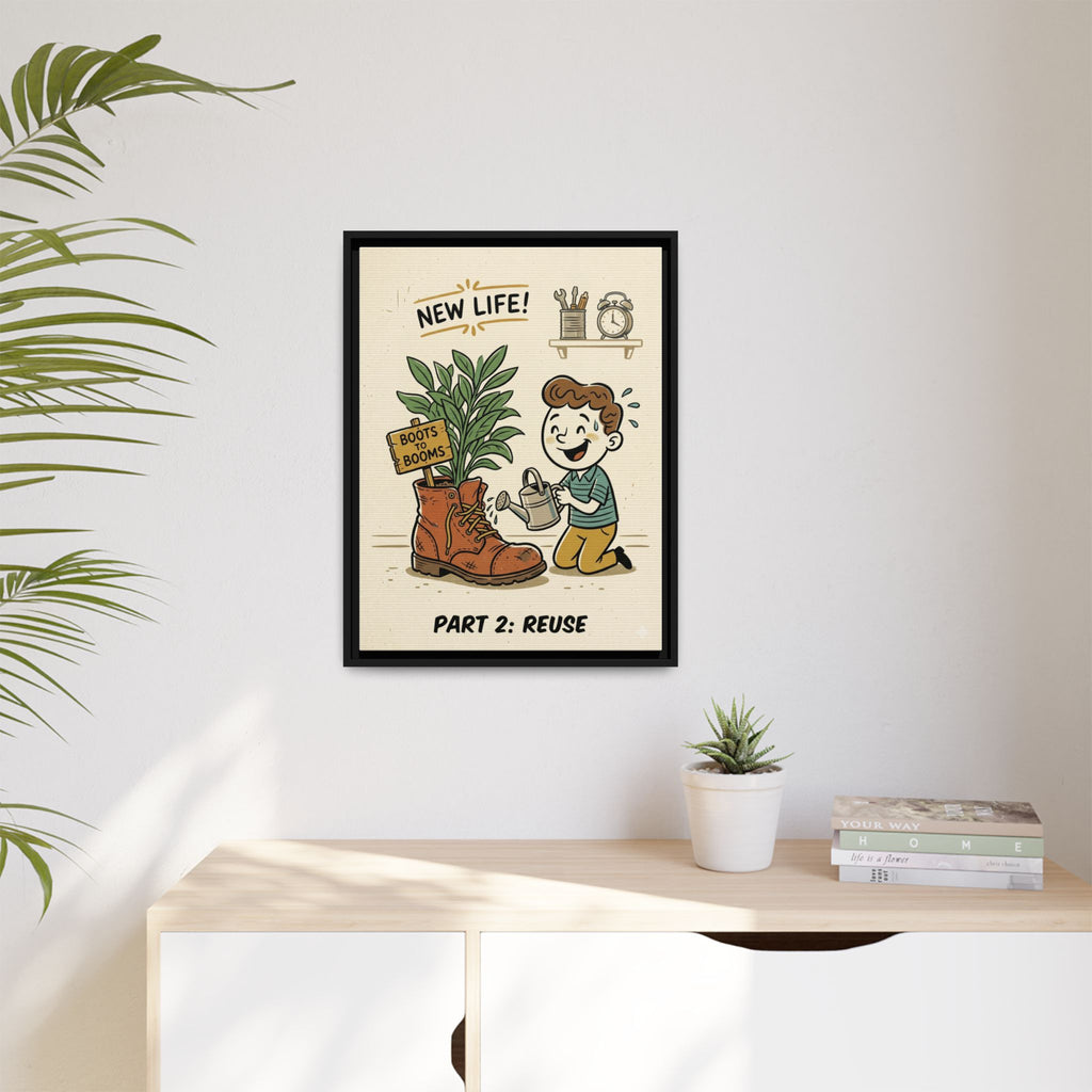Retro Sustainability Art Print Trio: Reduce, Reuse, Recycle | Mid-Century Modern Eco Wall Decor Set of 3 (Framed) - Part 2 (Reuse)