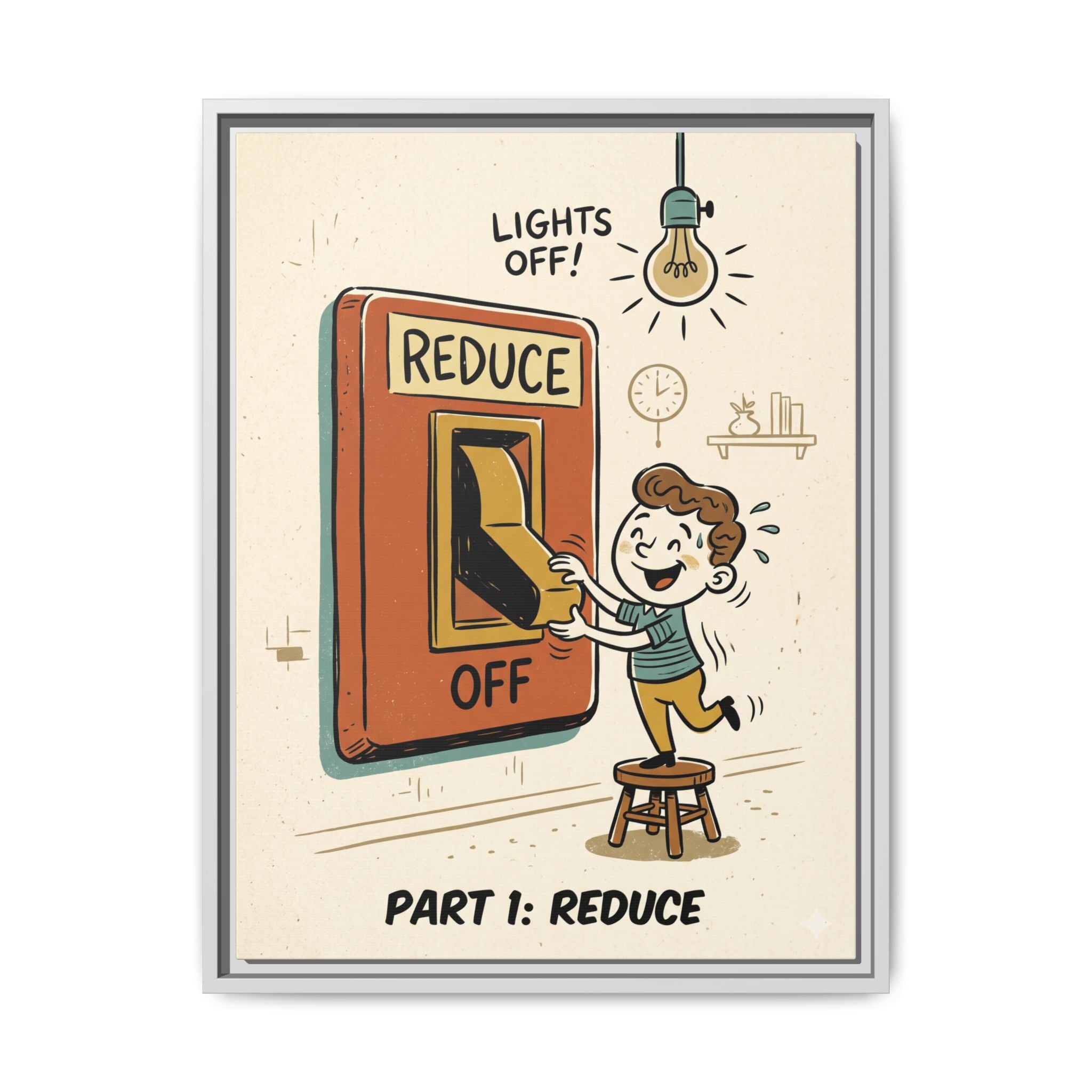 Retro Sustainability Art Print Trio: Reduce, Reuse, Recycle | Mid-Century Modern Eco Wall Decor Set of 3 (Framed) - Part 1 (Reduce)