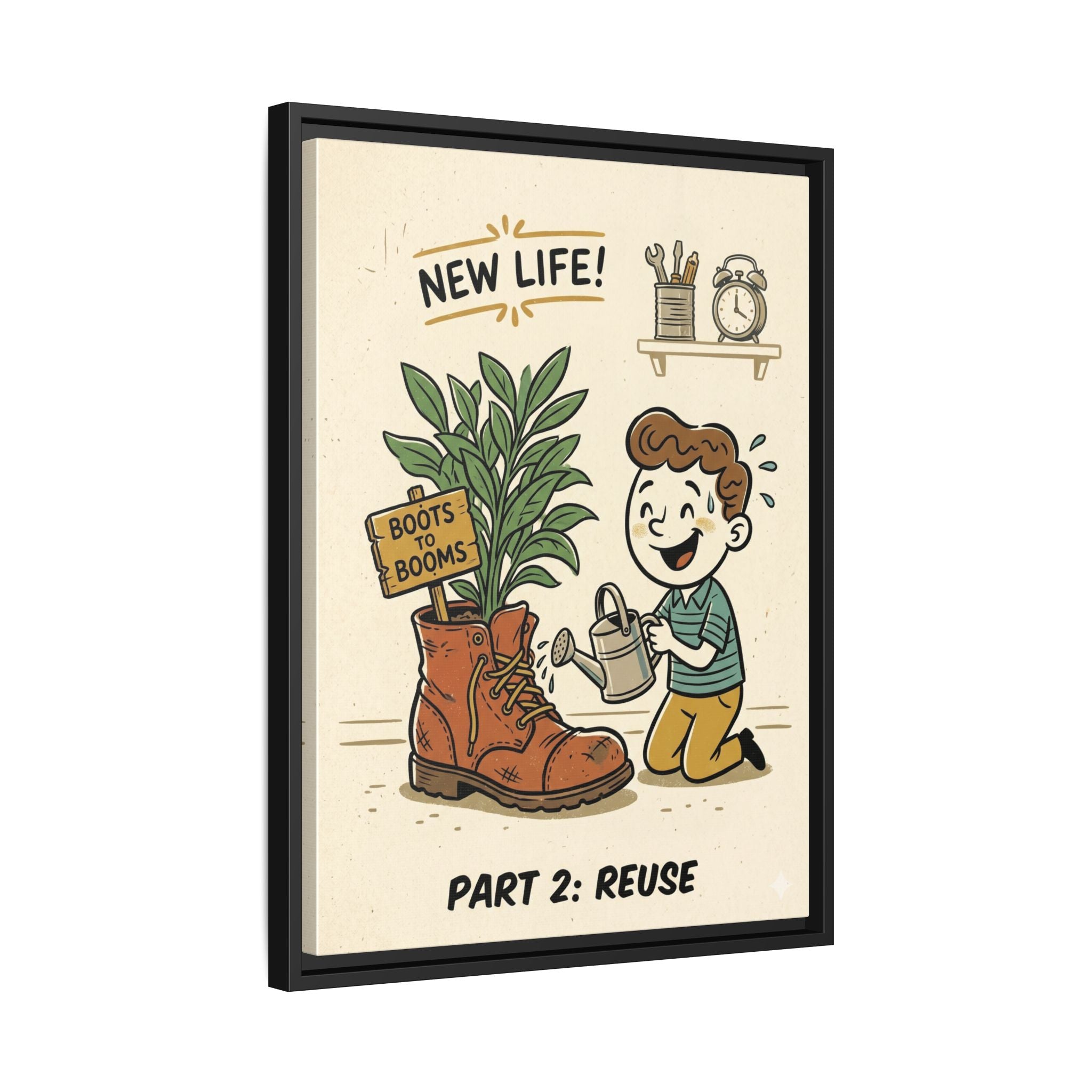 Retro Sustainability Art Print Trio: Reduce, Reuse, Recycle | Mid-Century Modern Eco Wall Decor Set of 3 (Framed) - Part 2 (Reuse)