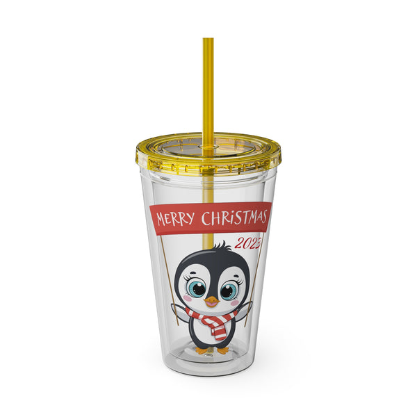 Christmas Tumbler with Straw, 16oz - Penguin E