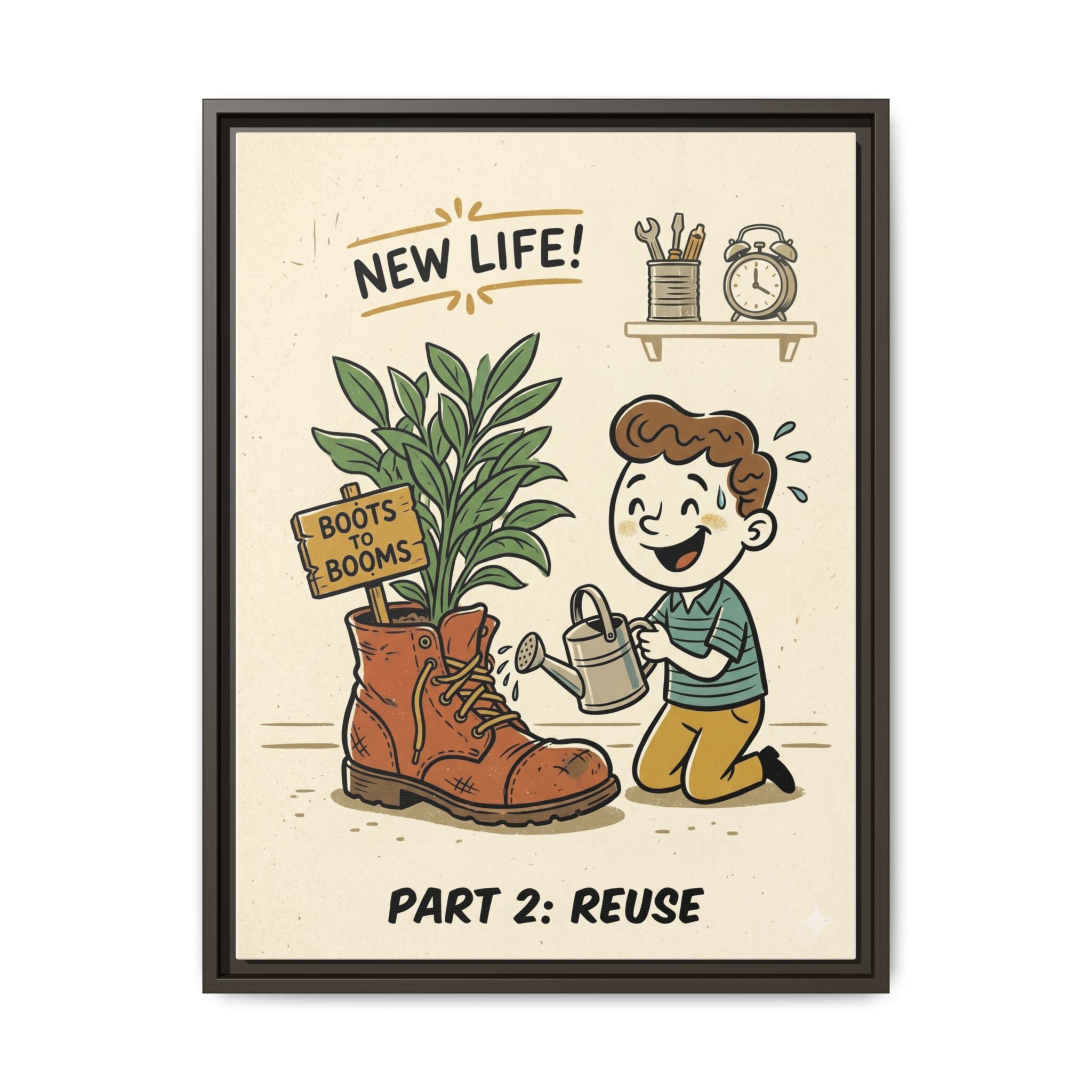 Retro Sustainability Art Print Trio: Reduce, Reuse, Recycle | Mid-Century Modern Eco Wall Decor Set of 3 (Framed) - Part 2 (Reuse)