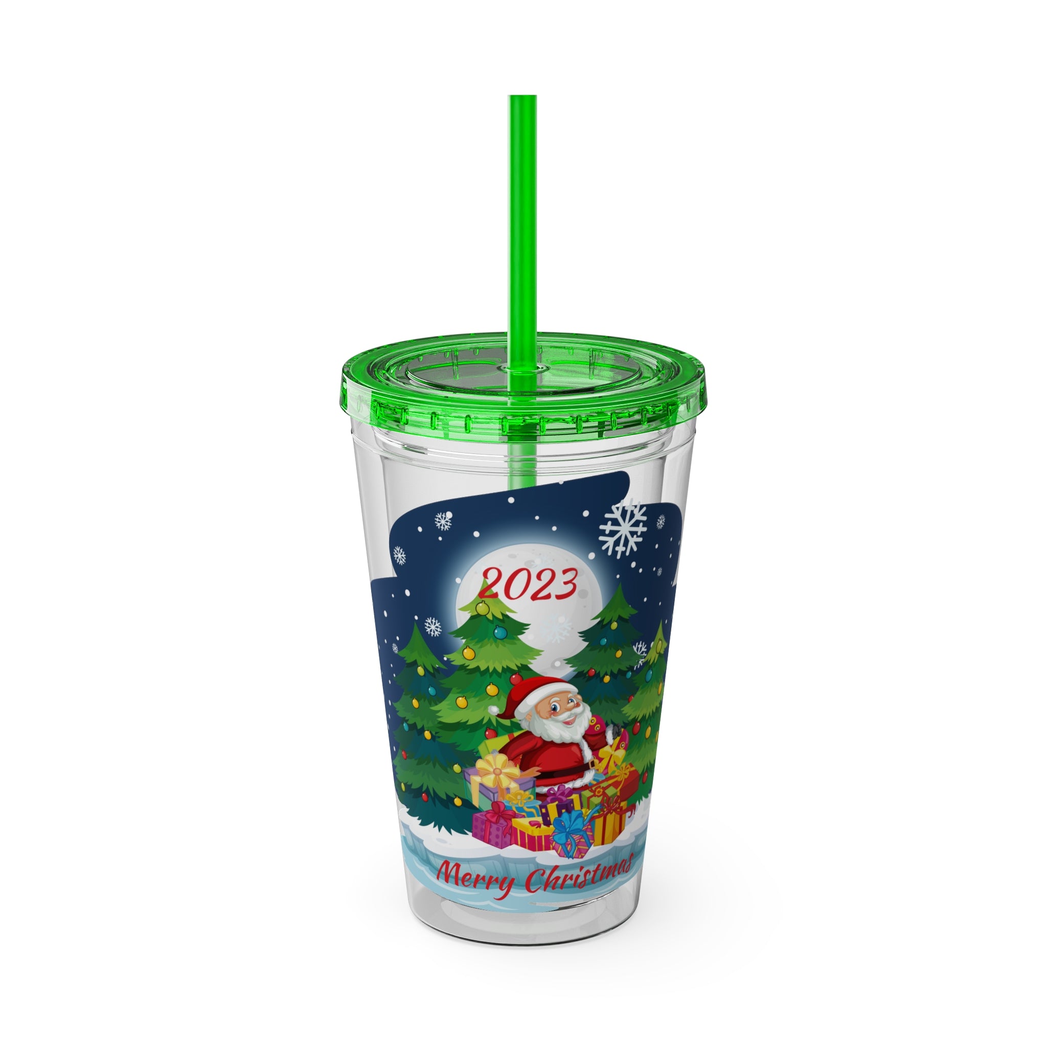 Christmas Tumbler with Straw, 16oz -  Snowy Night (Santa with Presents)