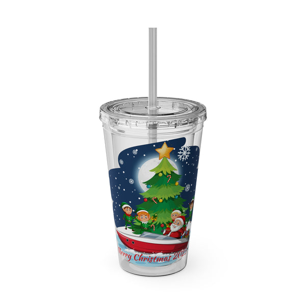 Christmas Tumbler with Straw, 16oz -  Snowy Night (Santa with Elves)