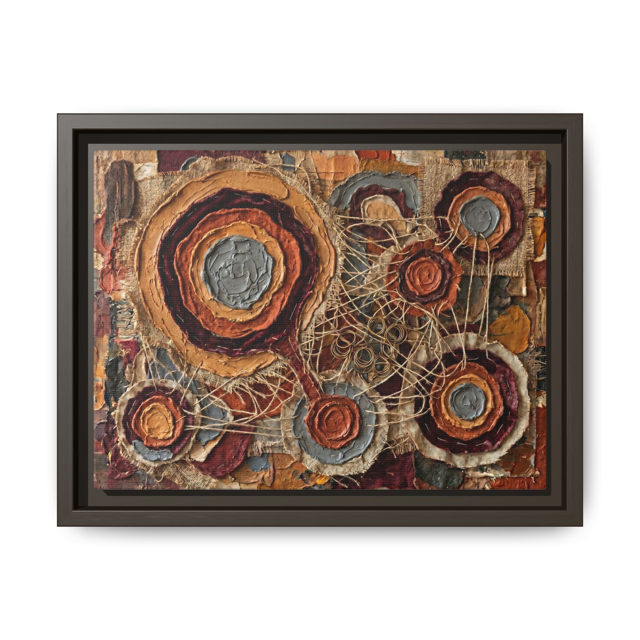 "Connected Orbs" Abstract Mixed-Media Art Print — Terracotta, Slate, and Brass Tones