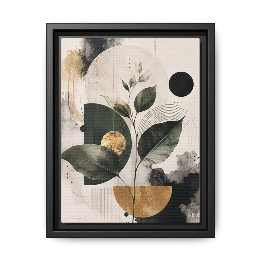 Botanical Abstract Framed Canvas Print — Green Leaves with Gold Accents