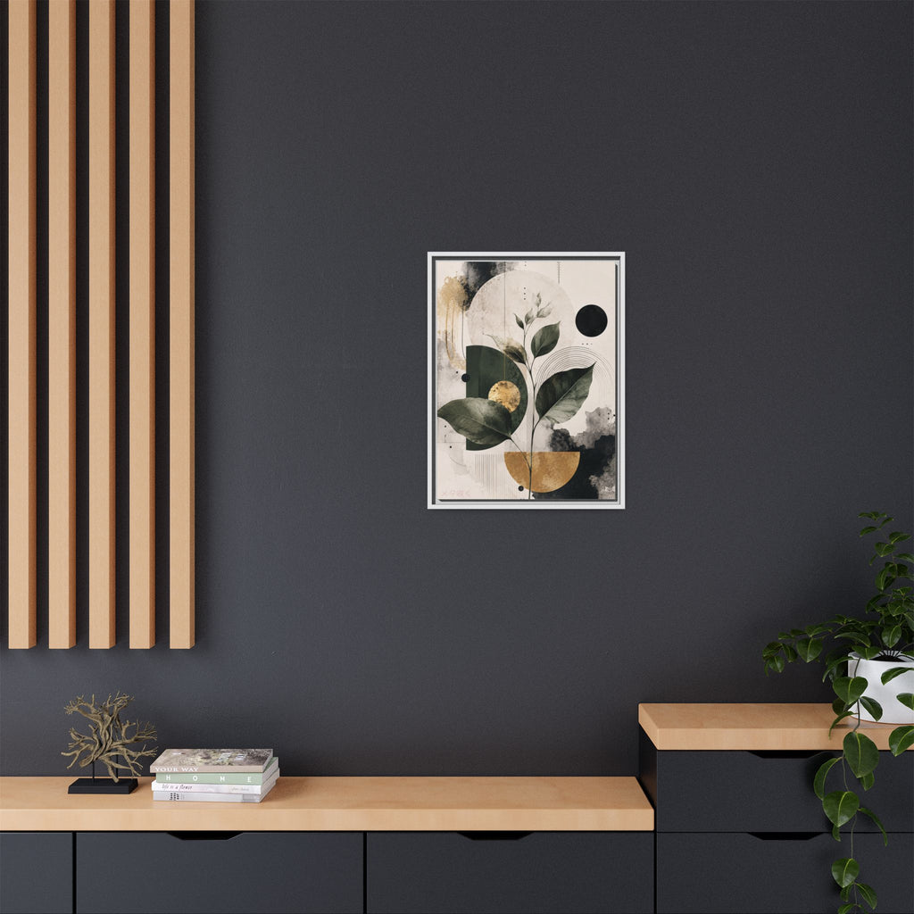 Botanical Abstract Framed Canvas Print — Green Leaves with Gold Accents