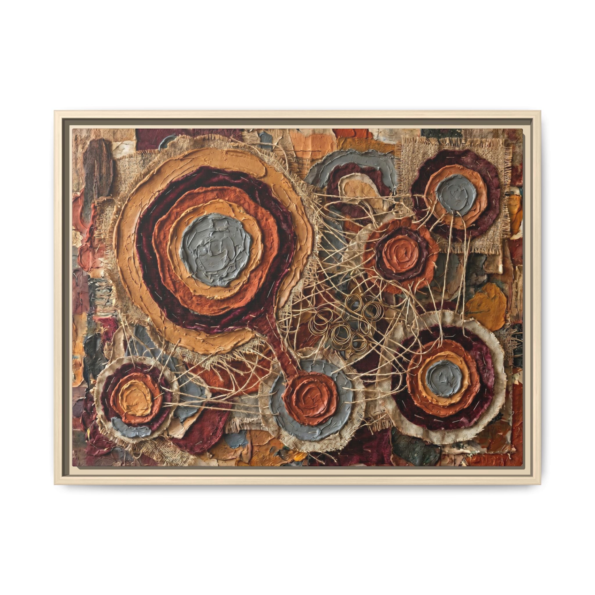 "Connected Orbs" Abstract Mixed-Media Art Print — Terracotta, Slate, and Brass Tones