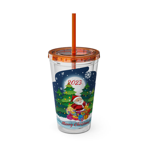 Christmas Tumbler with Straw, 16oz -  Snowy Night (Santa with Presents)