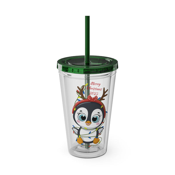 Christmas Tumbler with Straw, 16oz - Penguin I