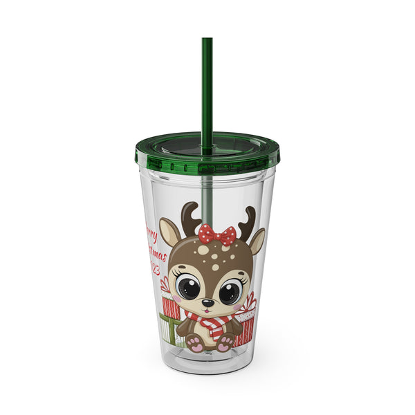 Christmas Tumbler with Straw, 16oz - Reindeer H