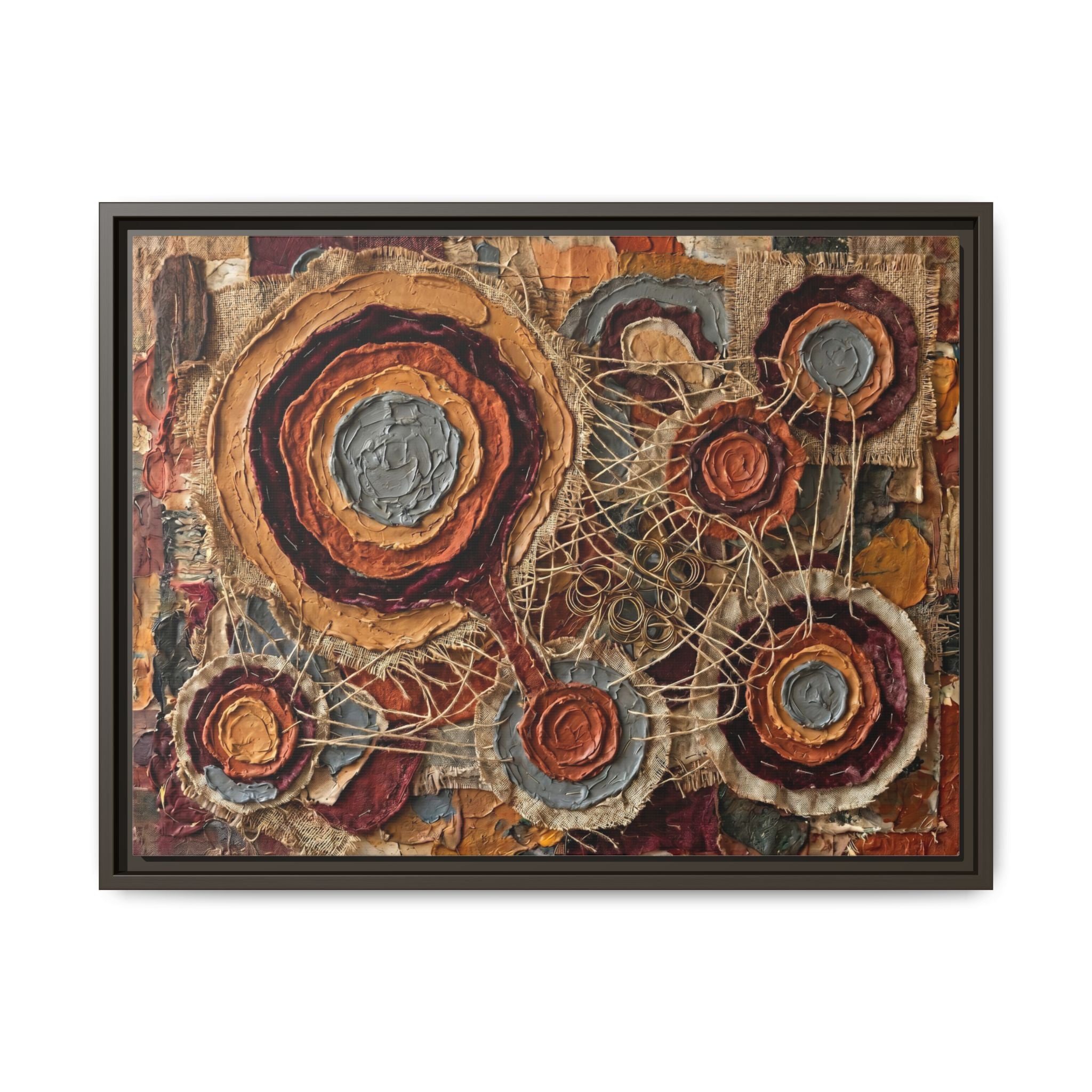 "Connected Orbs" Abstract Mixed-Media Art Print — Terracotta, Slate, and Brass Tones