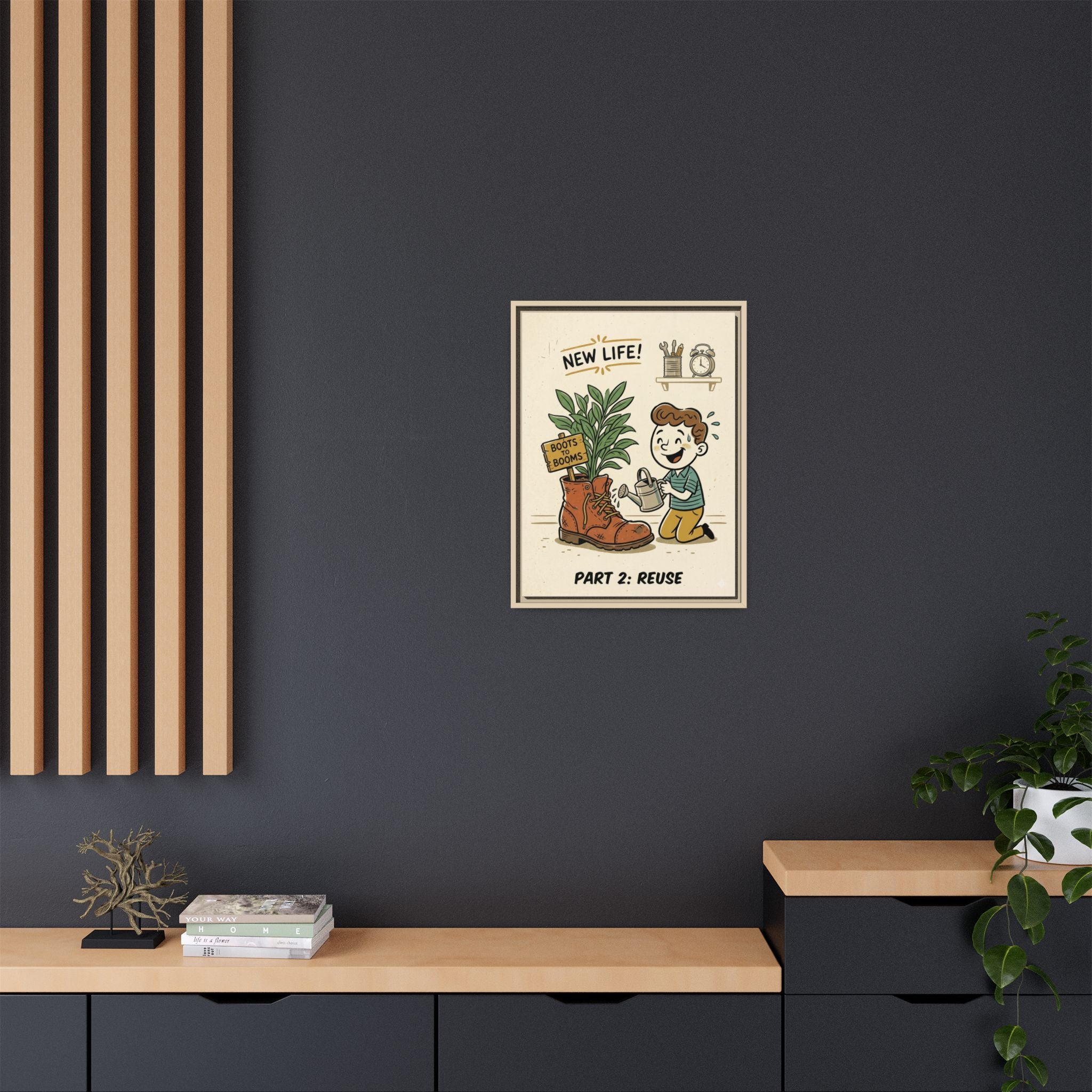 Retro Sustainability Art Print Trio: Reduce, Reuse, Recycle | Mid-Century Modern Eco Wall Decor Set of 3 (Framed) - Part 2 (Reuse)