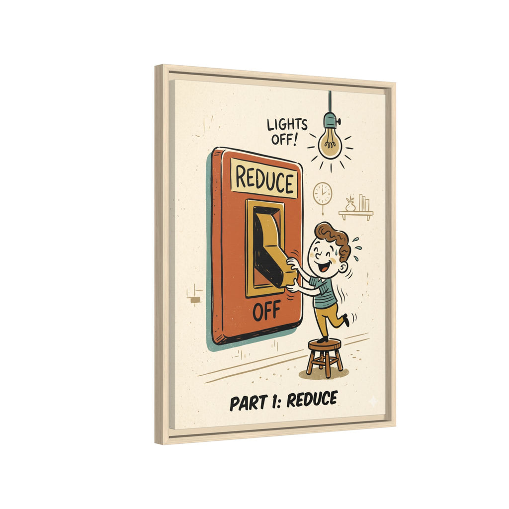 Retro Sustainability Art Print Trio: Reduce, Reuse, Recycle | Mid-Century Modern Eco Wall Decor Set of 3 (Framed) - Part 1 (Reduce)