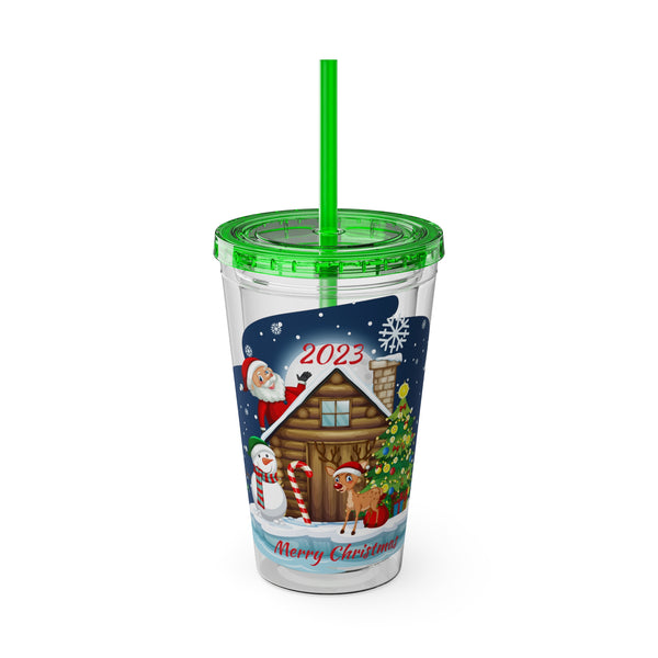 Christmas Tumbler with Straw, 16oz -  Snowy Night (Santa with Snowman & Reindeer)