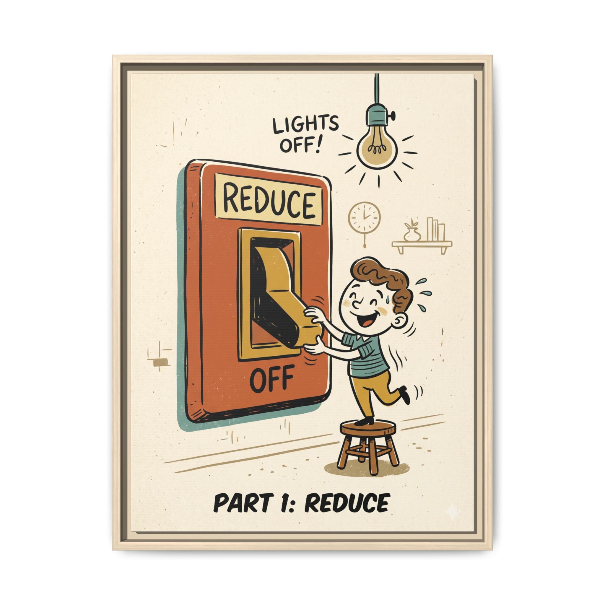 Retro Sustainability Art Print Trio: Reduce, Reuse, Recycle | Mid-Century Modern Eco Wall Decor Set of 3 (Framed) - Part 1 (Reduce)