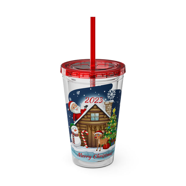 Christmas Tumbler with Straw, 16oz -  Snowy Night (Santa with Snowman & Reindeer)