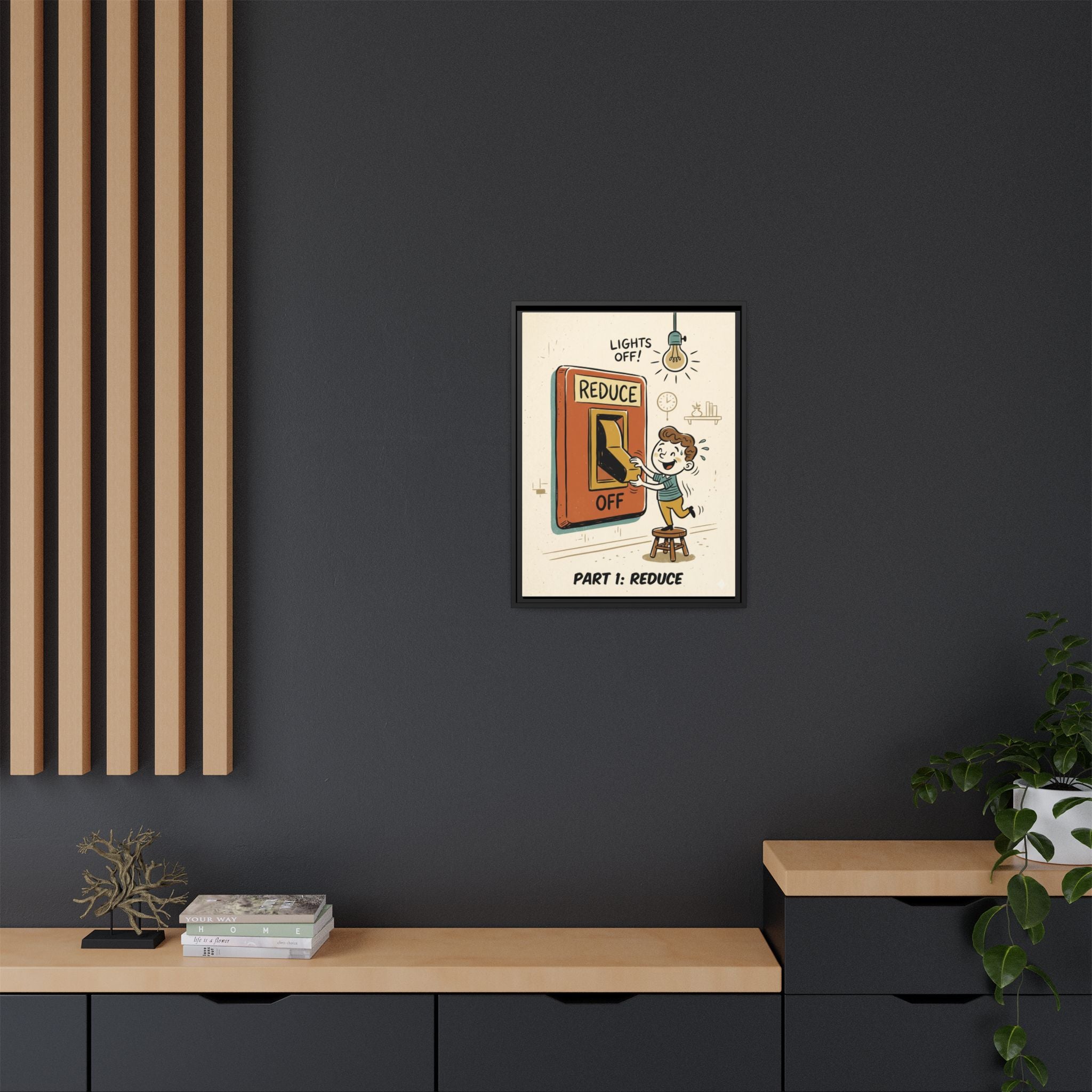 Retro Sustainability Art Print Trio: Reduce, Reuse, Recycle | Mid-Century Modern Eco Wall Decor Set of 3 (Framed) - Part 1 (Reduce)