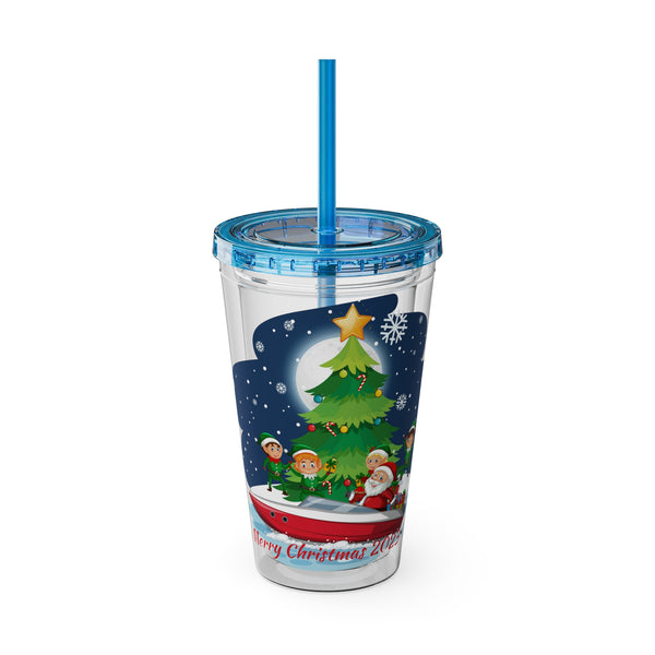 Christmas Tumbler with Straw, 16oz -  Snowy Night (Santa with Elves)