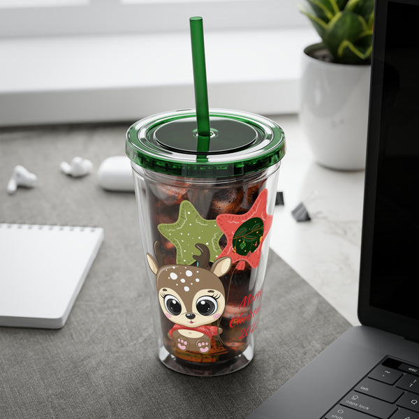 Christmas Tumbler with Straw, 16oz - Reindeer C