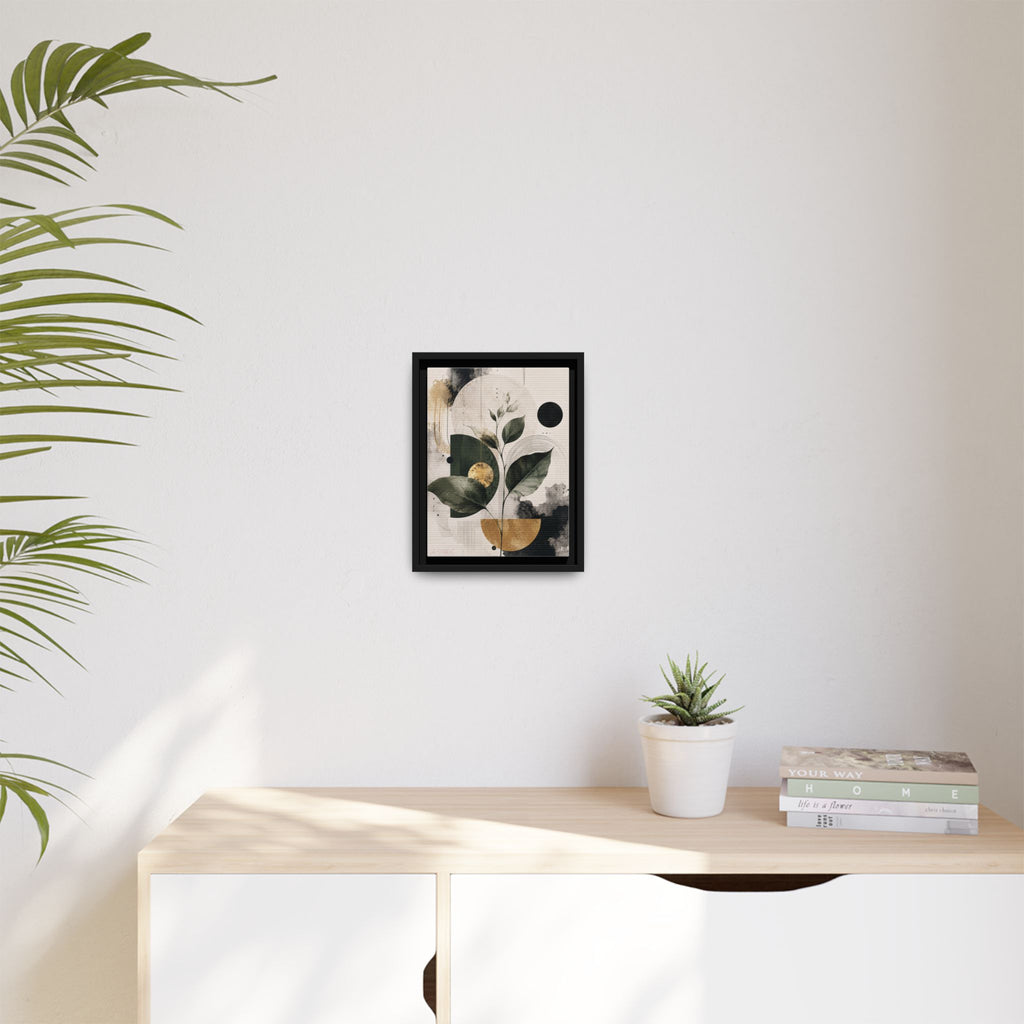 Botanical Abstract Framed Canvas Print — Green Leaves with Gold Accents