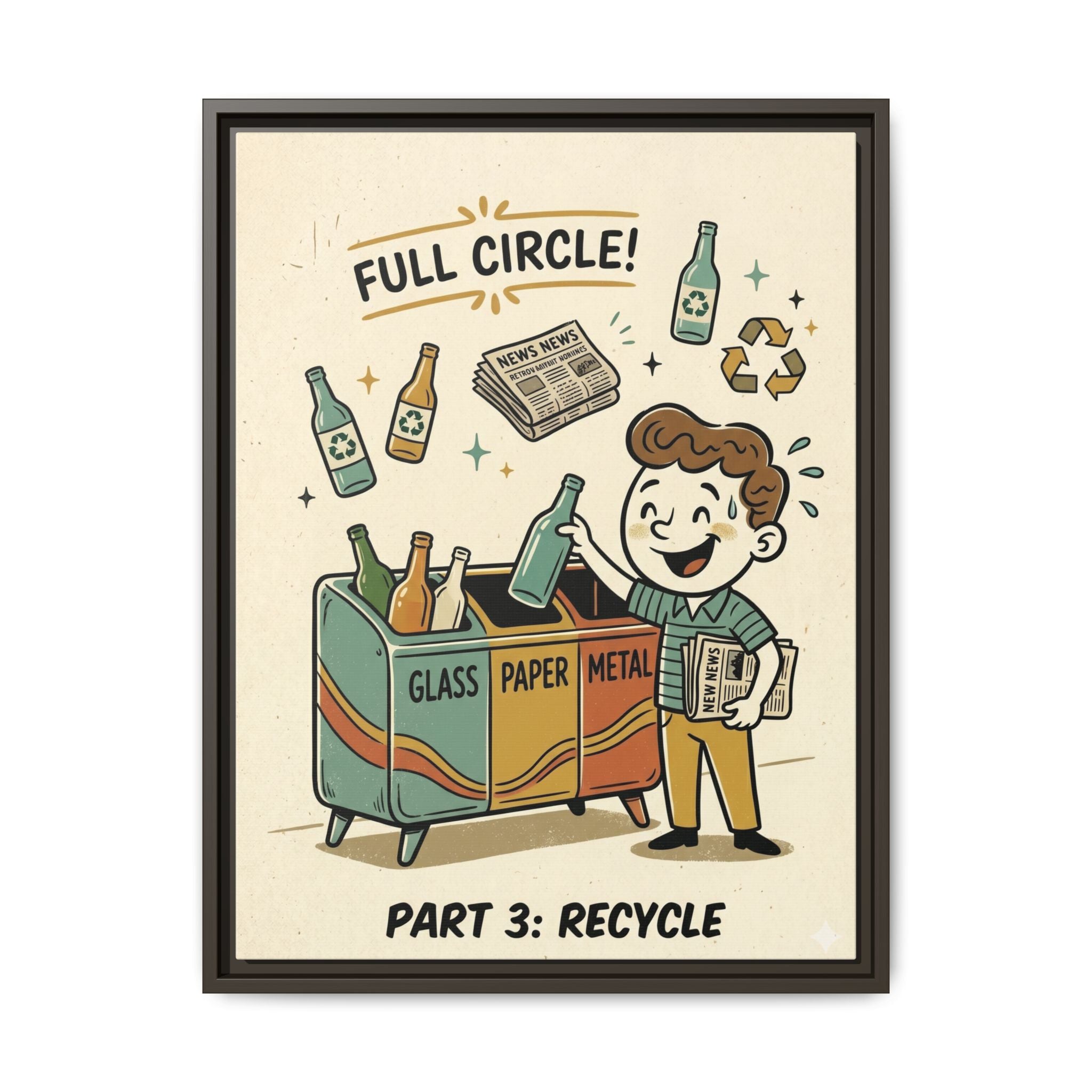 Retro Sustainability Art Print Trio: Reduce, Reuse, Recycle | Mid-Century Modern Eco Wall Decor Set of 3 (Framed) - Part 3 (Recycle)