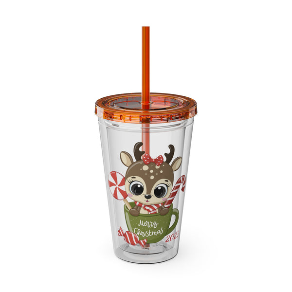Christmas Tumbler with Straw, 16oz - Reindeer I