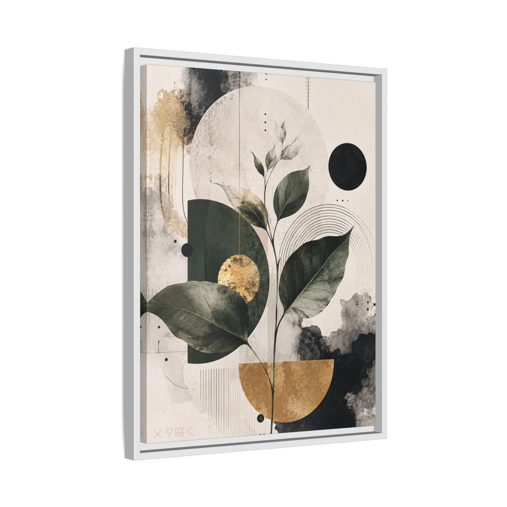 Botanical Abstract Framed Canvas Print — Green Leaves with Gold Accents