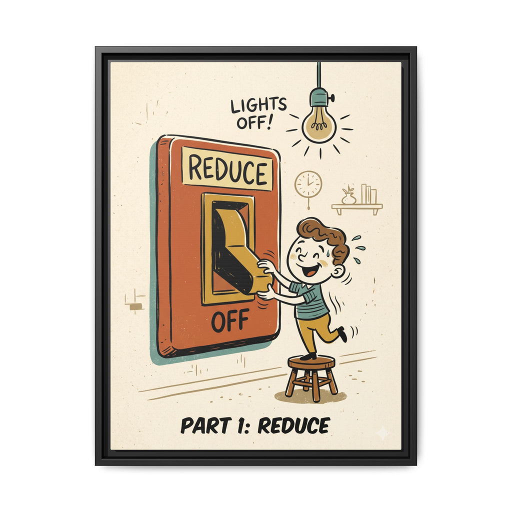 Retro Sustainability Art Print Trio: Reduce, Reuse, Recycle | Mid-Century Modern Eco Wall Decor Set of 3 (Framed) - Part 1 (Reduce)