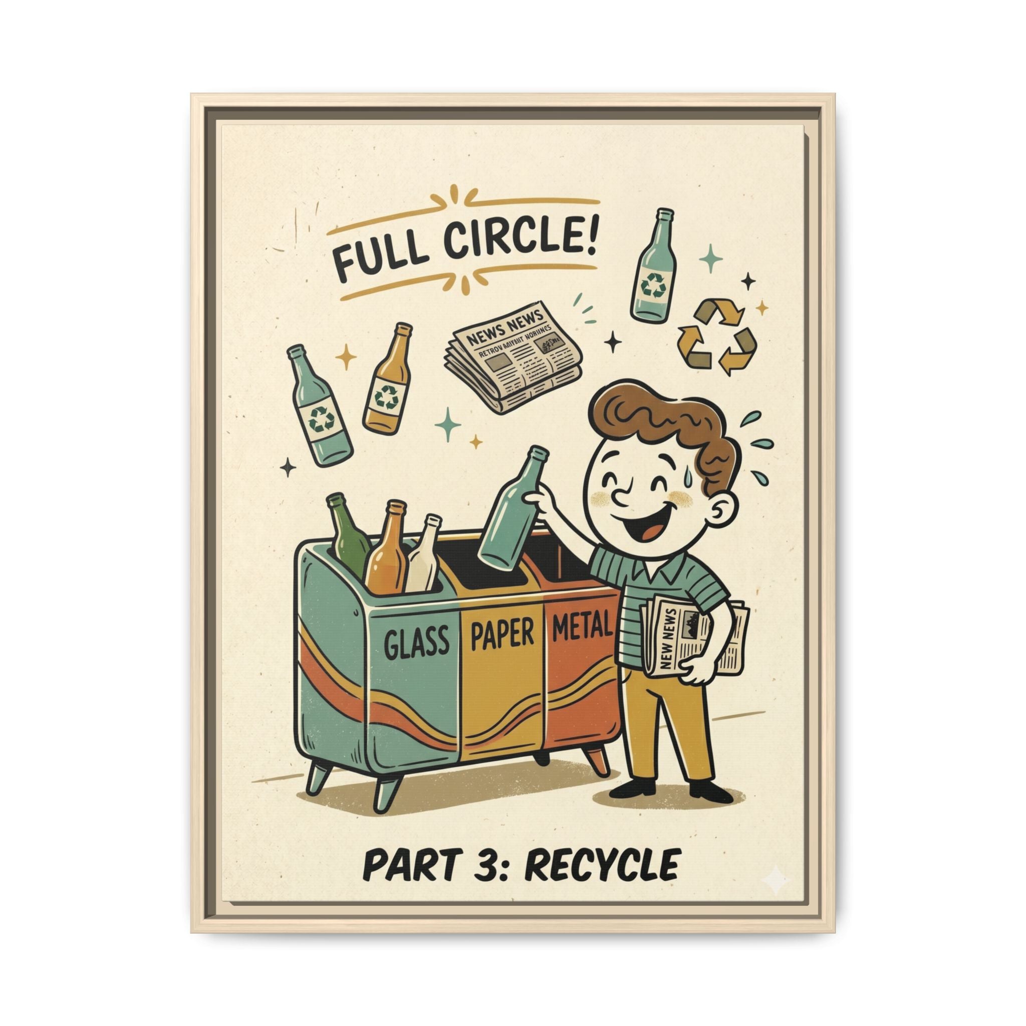Retro Sustainability Art Print Trio: Reduce, Reuse, Recycle | Mid-Century Modern Eco Wall Decor Set of 3 (Framed) - Part 3 (Recycle)