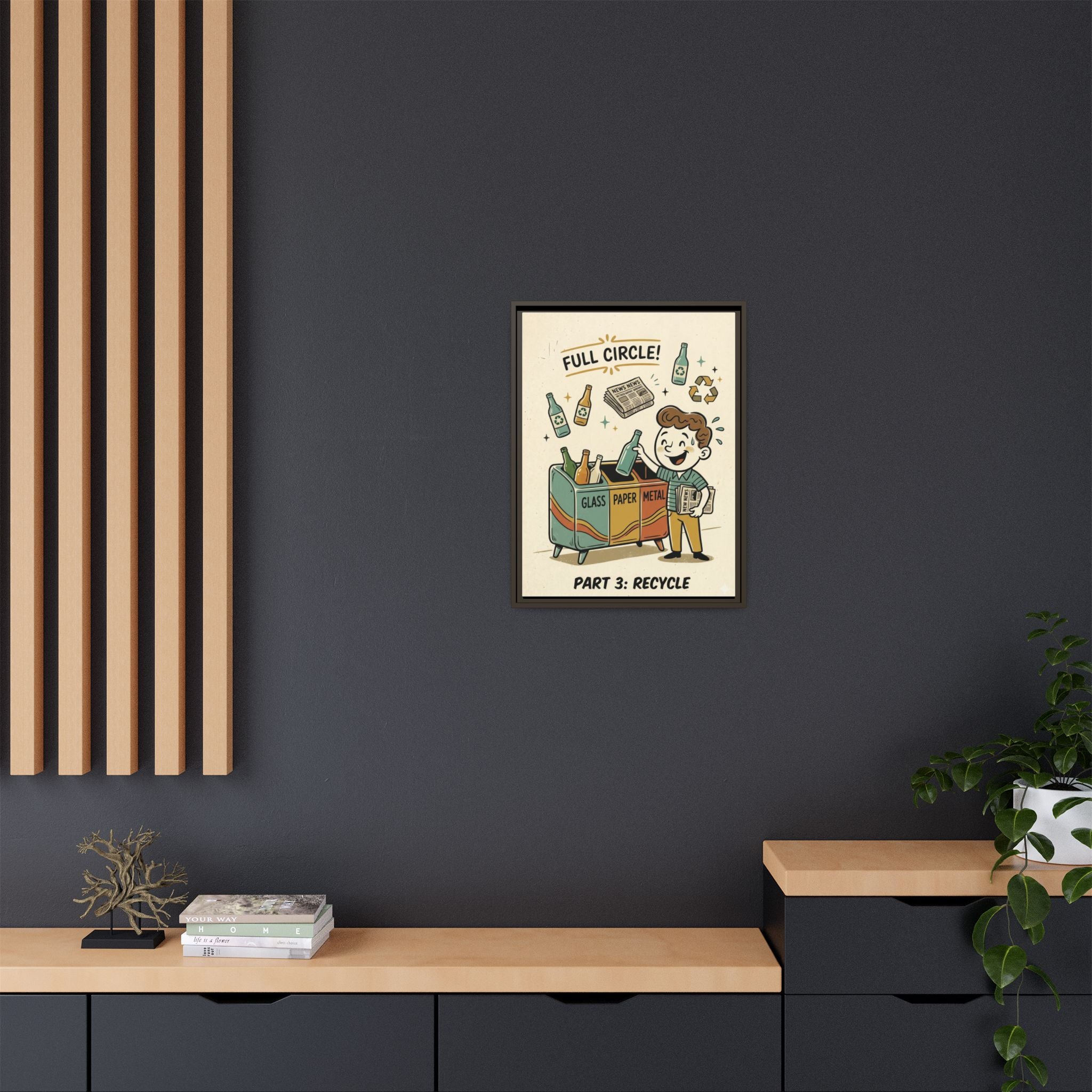 Retro Sustainability Art Print Trio: Reduce, Reuse, Recycle | Mid-Century Modern Eco Wall Decor Set of 3 (Framed) - Part 3 (Recycle)