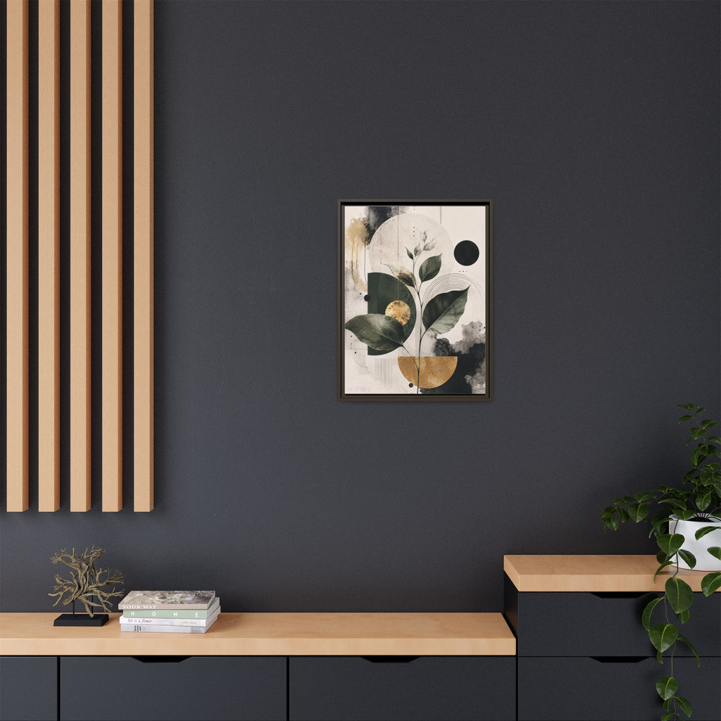 Botanical Abstract Framed Canvas Print — Green Leaves with Gold Accents
