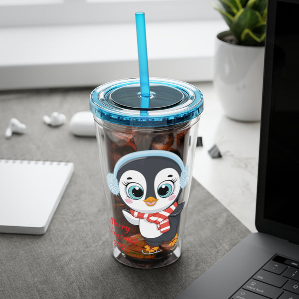 Christmas Tumbler with Straw, 16oz - Penguin T