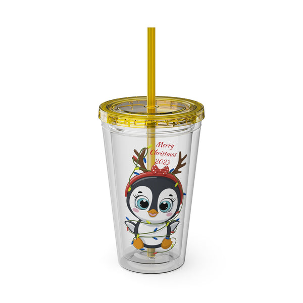 Christmas Tumbler with Straw, 16oz - Penguin I