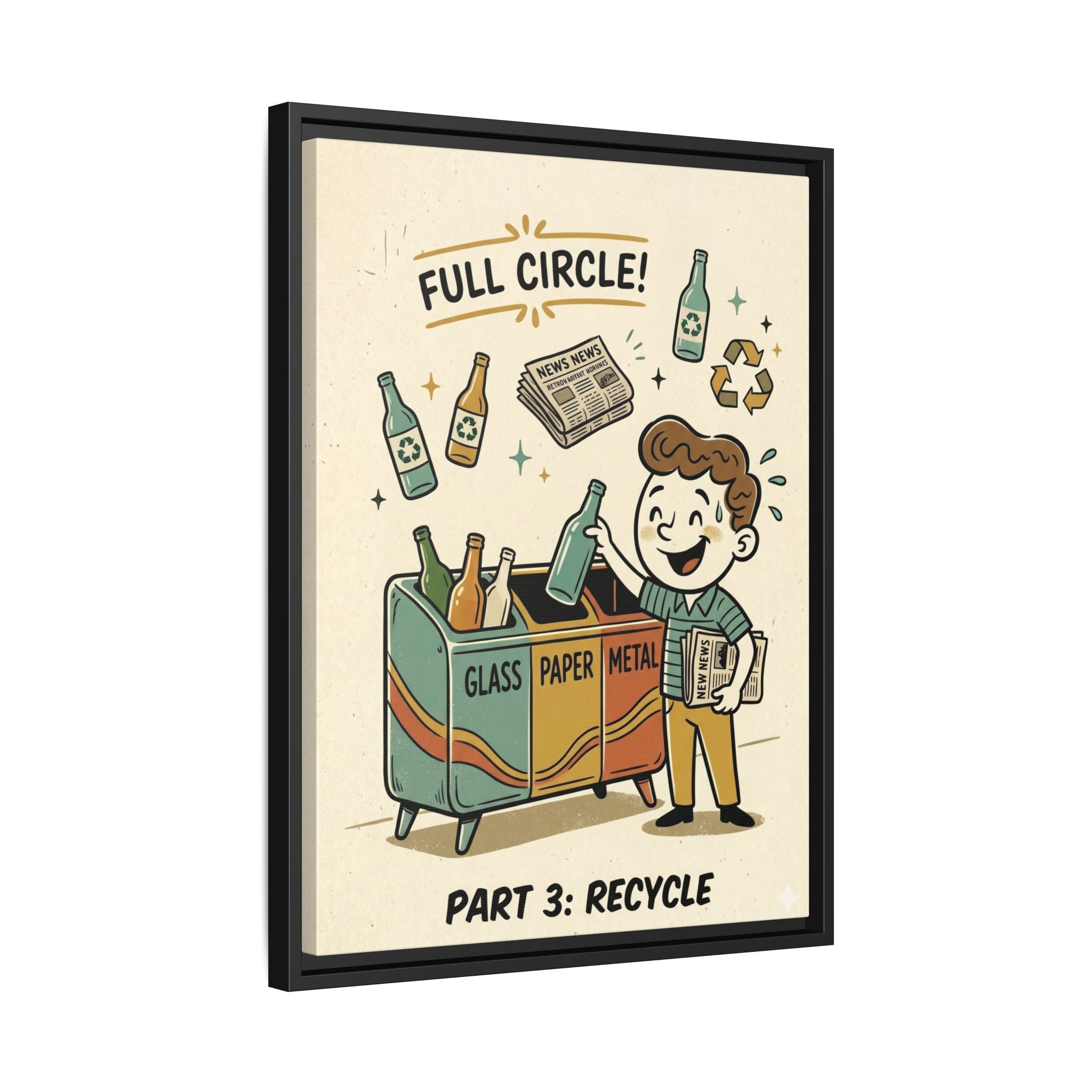 Retro Sustainability Art Print Trio: Reduce, Reuse, Recycle | Mid-Century Modern Eco Wall Decor Set of 3 (Framed) - Part 3 (Recycle)