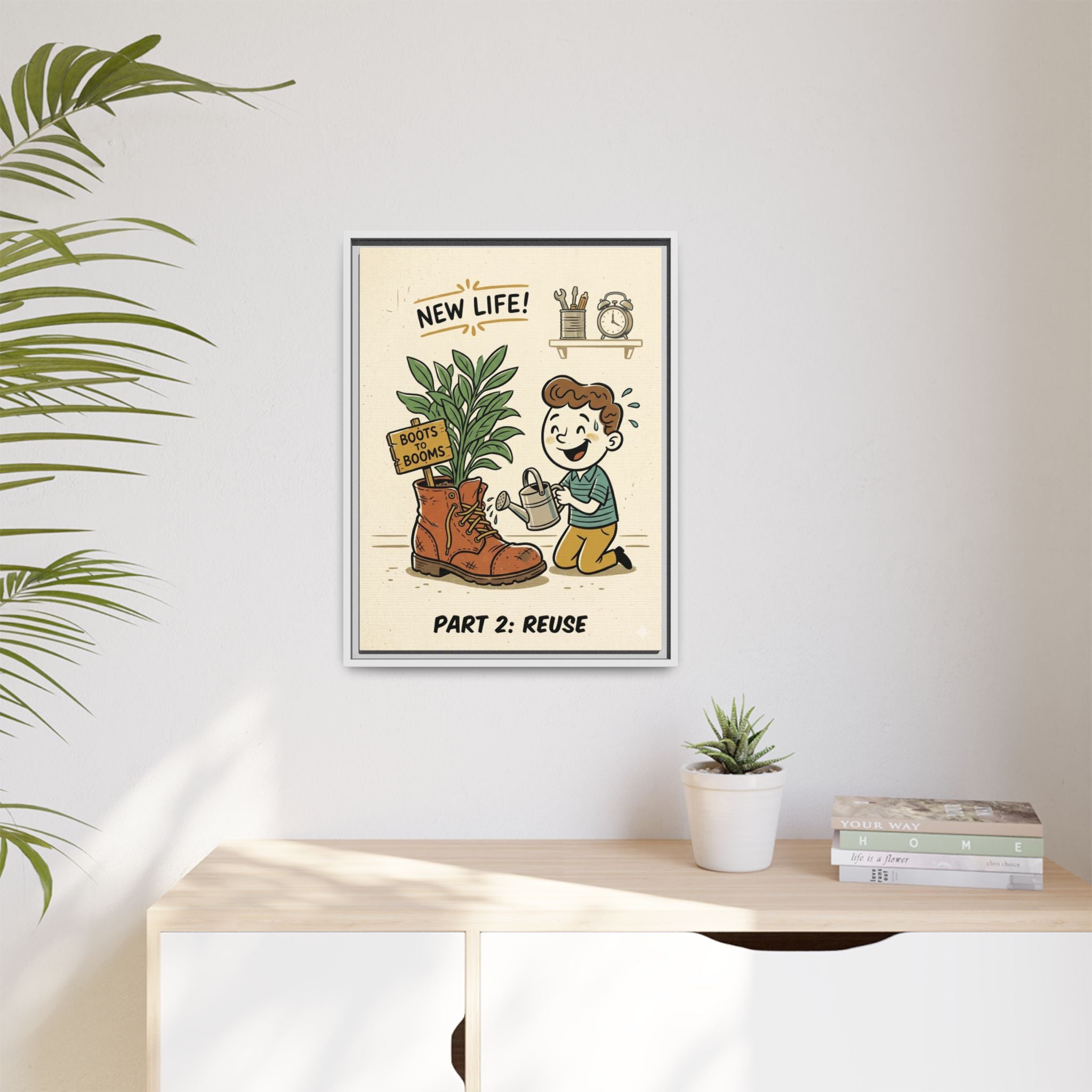 Retro Sustainability Art Print Trio: Reduce, Reuse, Recycle | Mid-Century Modern Eco Wall Decor Set of 3 (Framed) - Part 2 (Reuse)